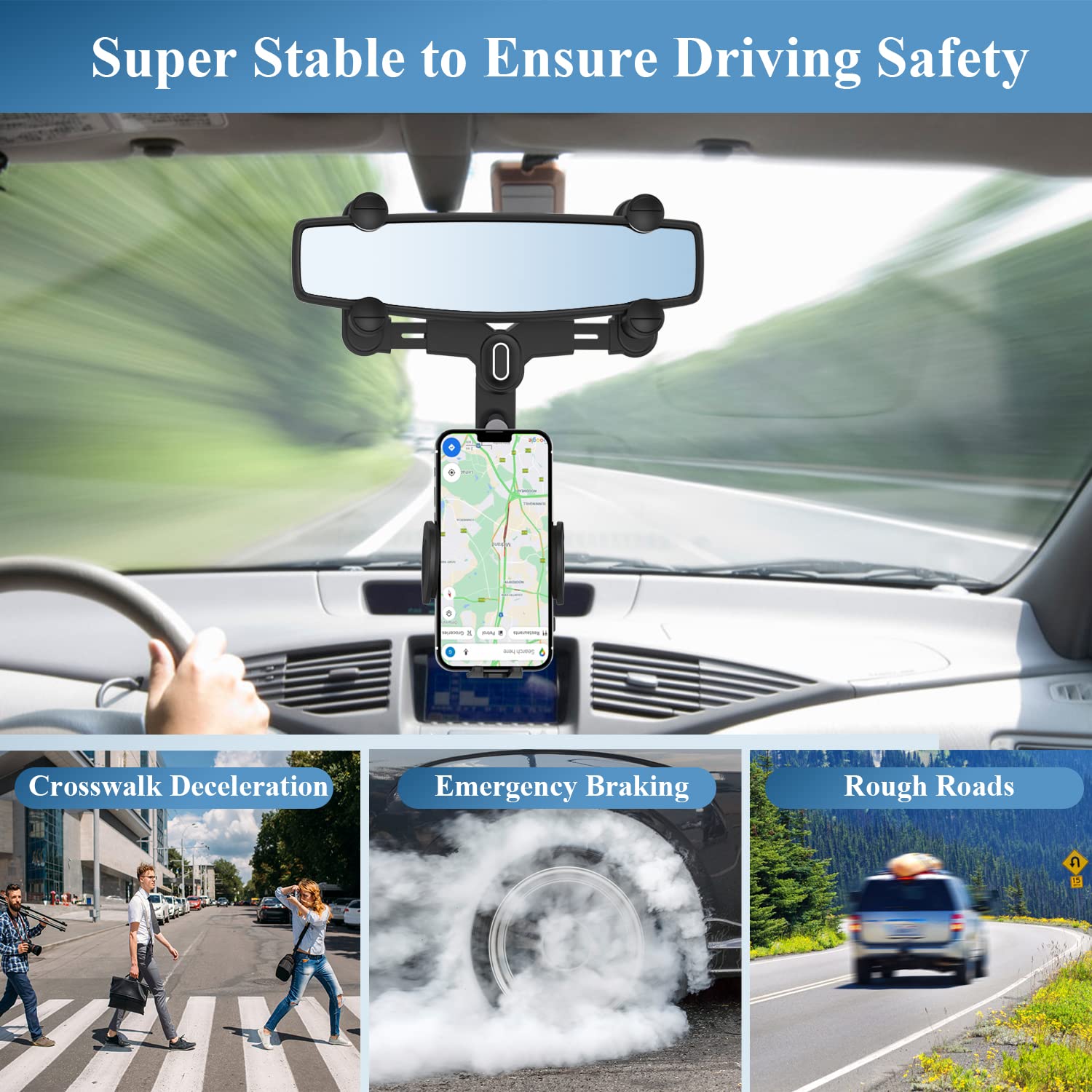 Miuolv Car Phone Holder For Rearview Mirror, 360 Rotatable And Retractable, Fits 4.0-7.0 Inch Smartphones, Mirror-Black