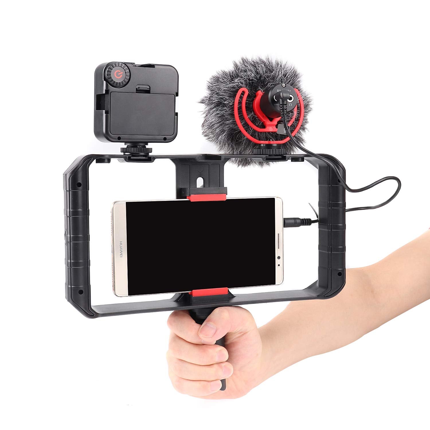Focusfoto Pro U-Rig Smartphone Video Camera Cage Mount Holder Stabilizer Grip With  By-Mm1+ Microphone Mic+ 49 Led Light+ Mini Tripod Kit For Mobile Phone Iphone Filmmaking Videomaker