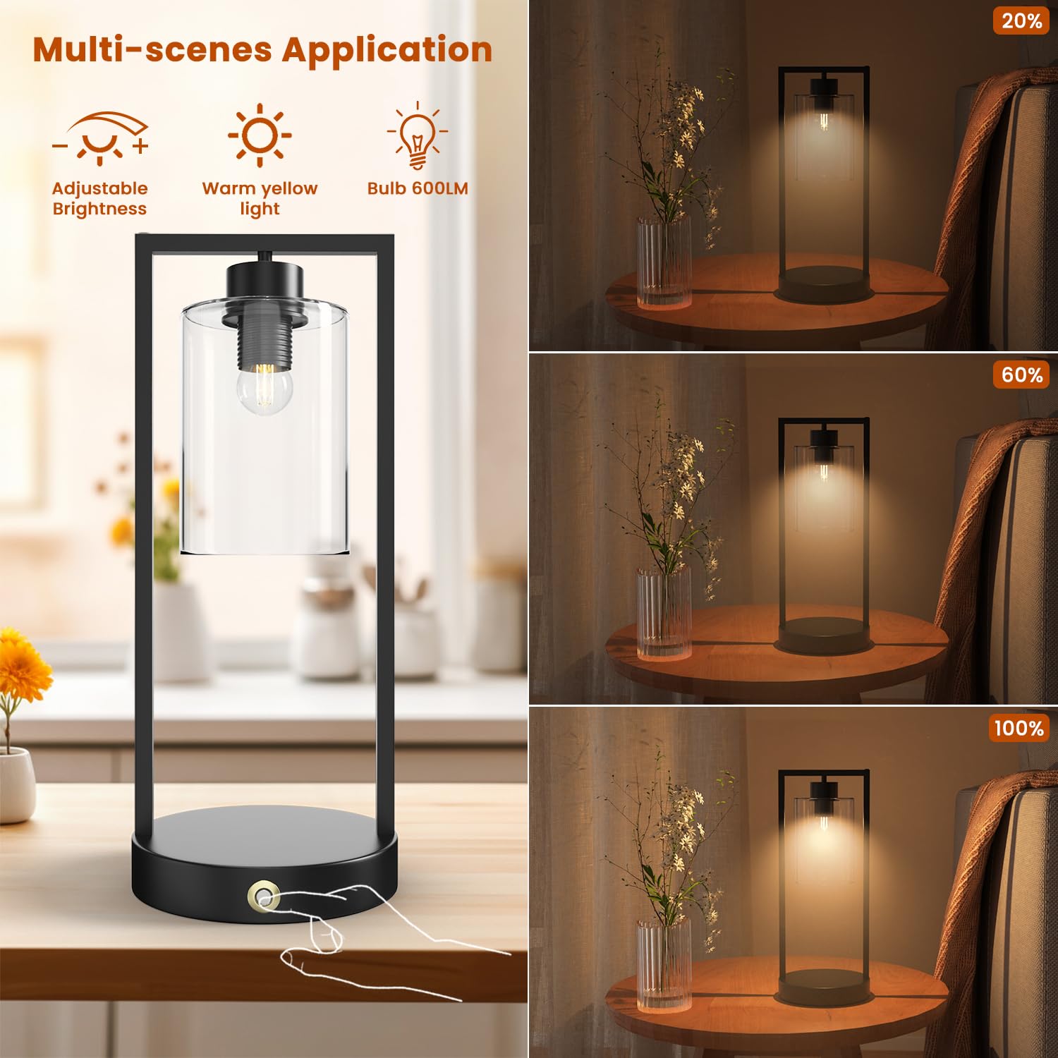 Lgmcf Set Of 2 Industrial Table Lamps With Led Bulbs – Rechargeable Touch Control Bedside Lamps, Fully Stepless Dimmable Nightstand Lamps, Battery-Powered Desk Lamps For Bedroom & Living Room