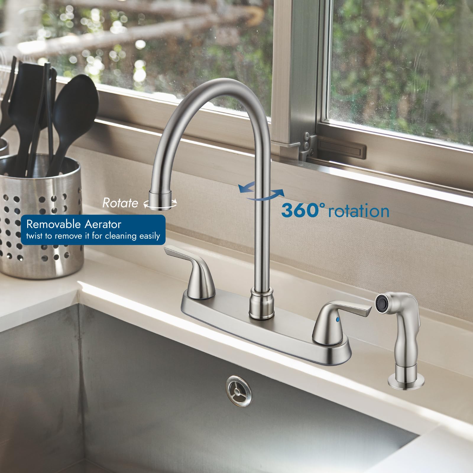 Cinwiny Kitchen Faucet 8 Inch Centerset 2 Handle High-Arc 360 Degree Swivel Spout With Supply Lines,3 Hole Kitchen Sink Faucet With Side Sprayer,Brushed Nickel