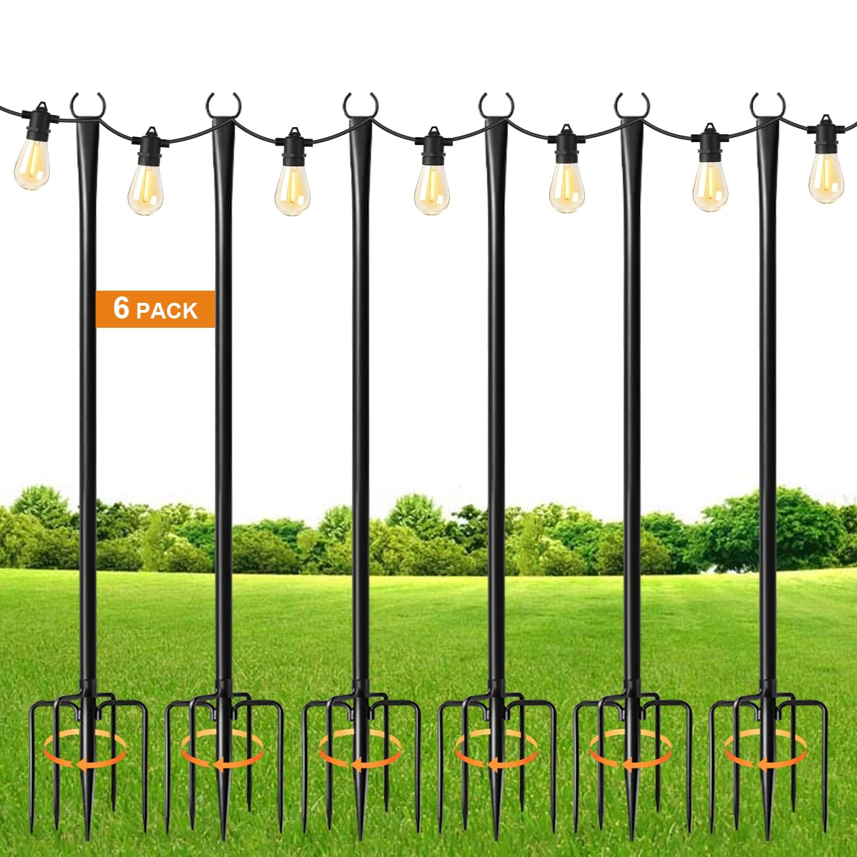 Mulivid 6 Pack String Light Poles For Outdoor,Metal Light Hanging Pole Outside With Fork,Light Stand For Patio, Pergola, Garden, Backyard, Yard, Camping Party