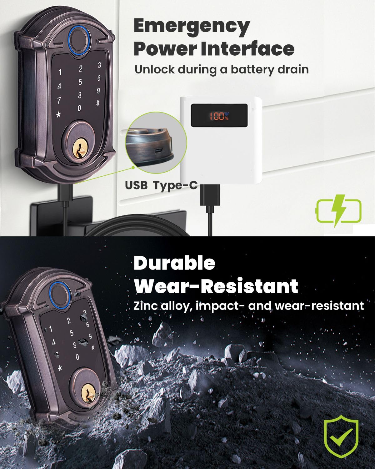 Mendock Keyless-Entry Deadbolt Smart Lock Waterproof Ip56 Digital Exterior Locks For Front Door,Smartphone Control Fingerprint Door Lock With Keypad And Key Fob,Venetian Bronze - Uf02-Vb Greenshield