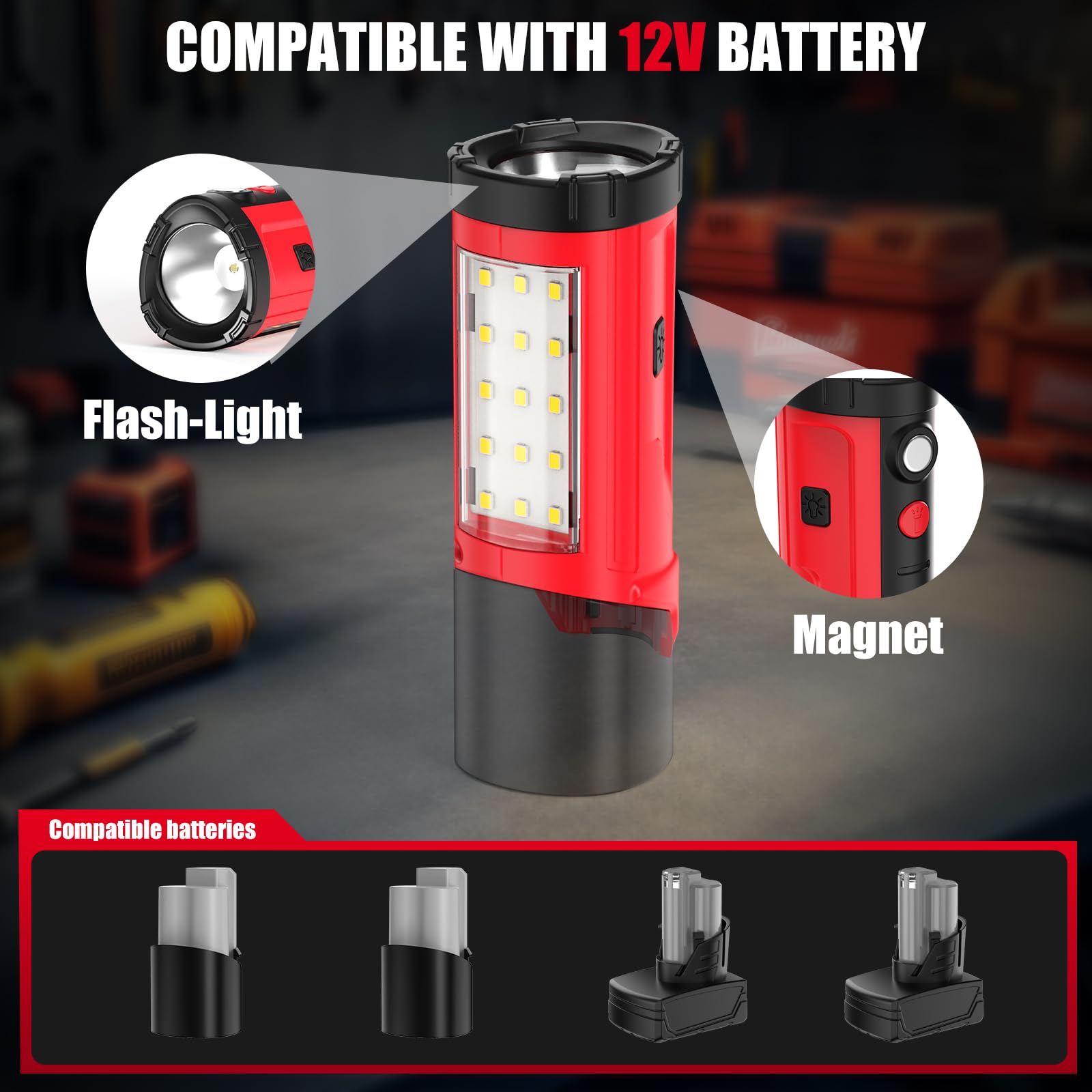 Ohyes Work Light Compatible With Milwaukee 12V Battery Magnetic Flash Light Jobsite Light For Workshop & Construction-Site(Battery Not Included)