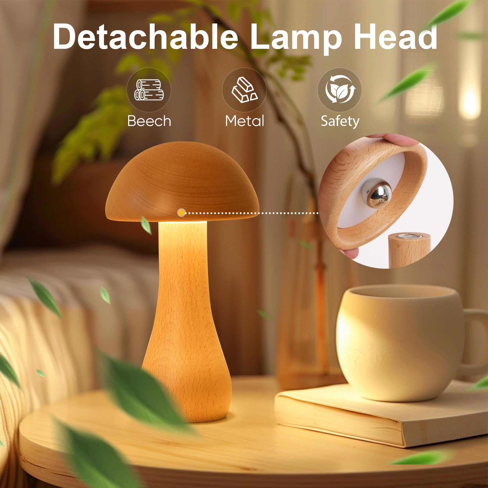 Moroommt Wooden Small Mushroom Lamp, Touch Switch Cordless Table Lamp For Nightstand, Rechargeable Battery Operated Night Light, 360 Degree Rotation Adjustable, Stepless Dimming Desk Lamps For Living Room