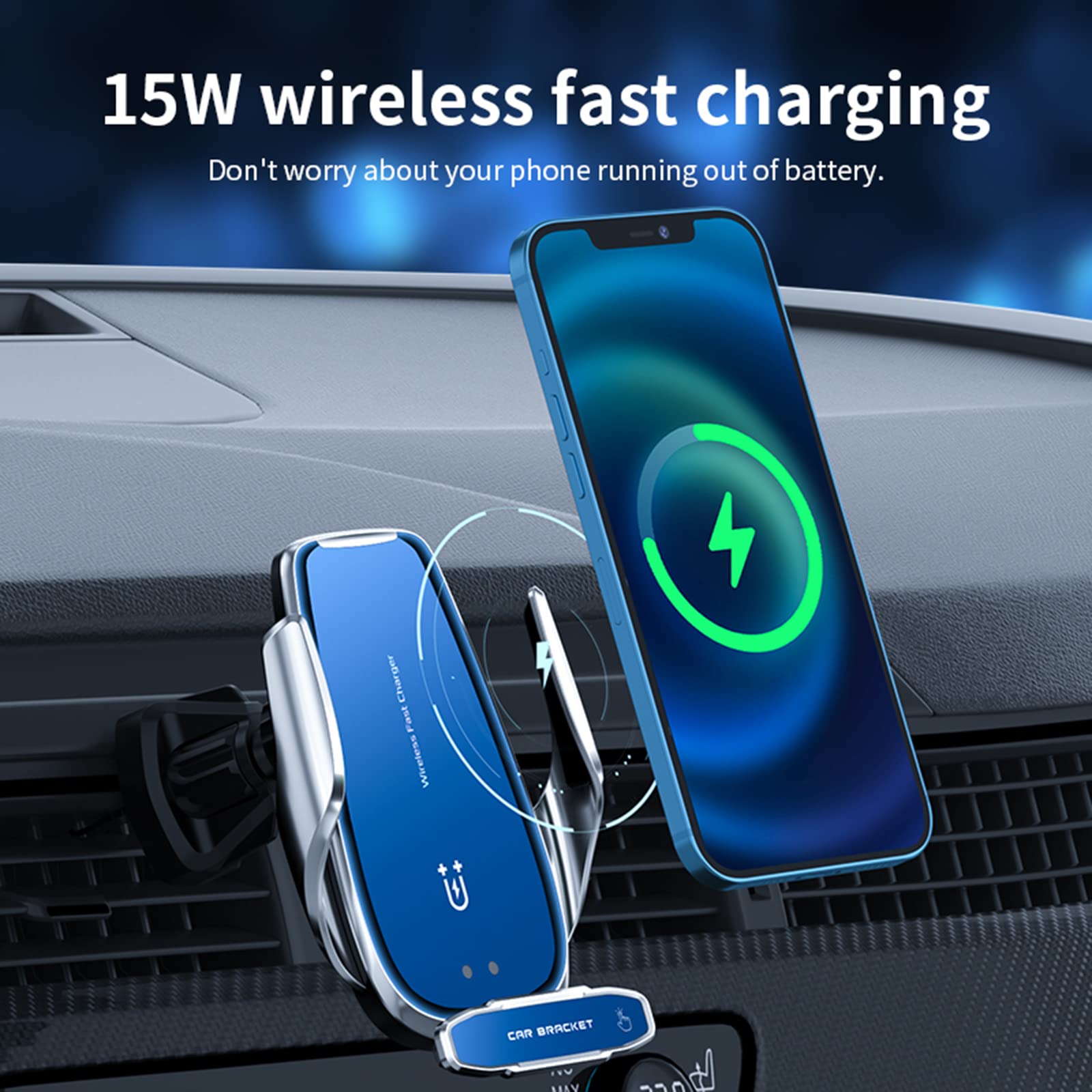 Lfnown Wireless Car Charger Mount Fast Charging Auto Clamping 15W Intelligent Dual Control Induction Bracket Car Phone Holder Mount Wireless Charging Compatible With All Android Smartphone(Blue)