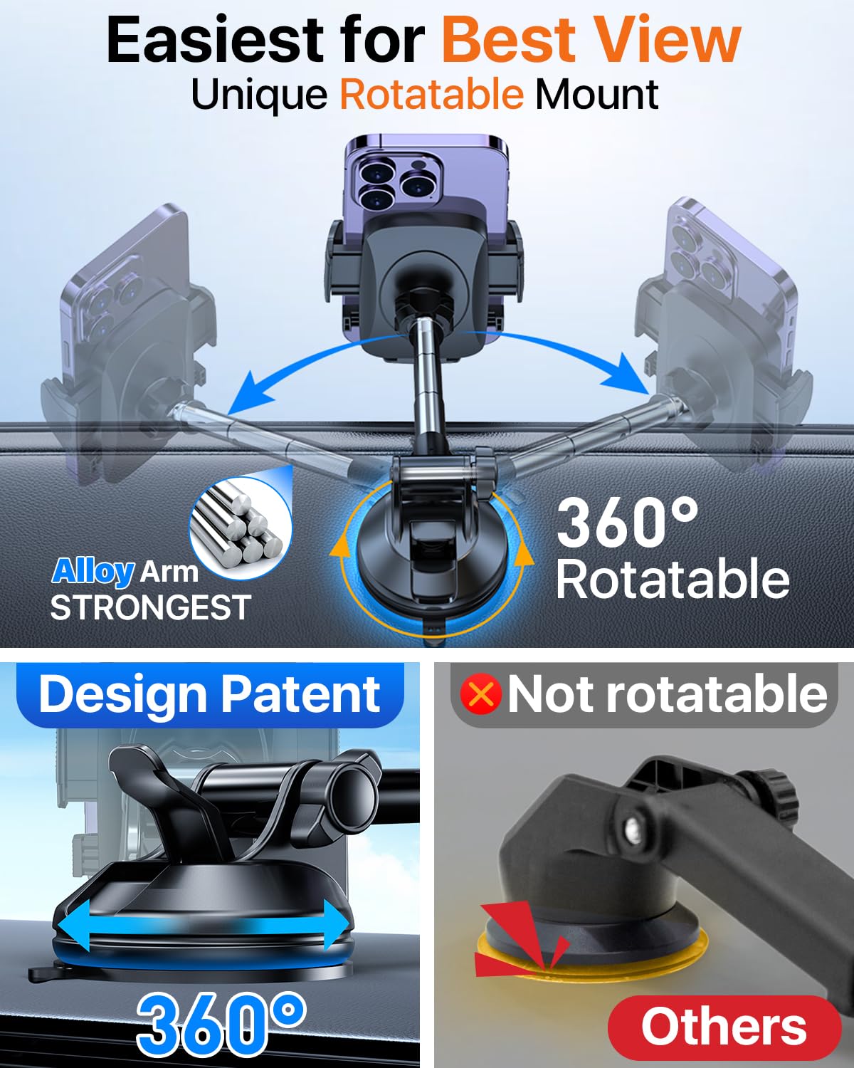 Yru 【True Military-Grade】Car Phone Holder【 Strongest & Rotatable Suction Cup】Cell Phone Mount For Dashboard Windshield, Truck Cradle Dash Stand For Iphone 16 Pro Max 15 14 13 12 Android, Black