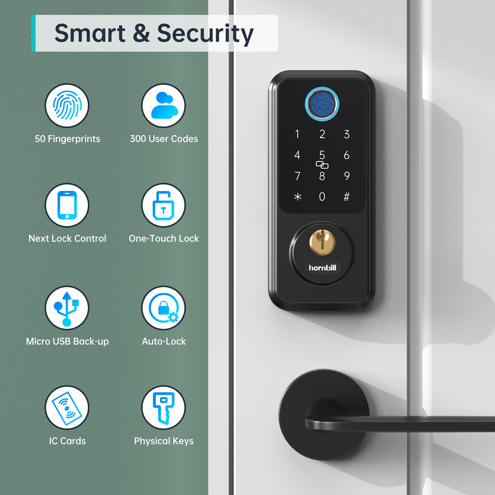 Hornbill Smart Keyless Entry Door Lock, Hornbil Smart Deadbolt Door Locks For Front Door With Fingerprint Bluetooth Electronic Deadbolt, Biometric Touchscreen Keypad Door Lock, Works With App, Black