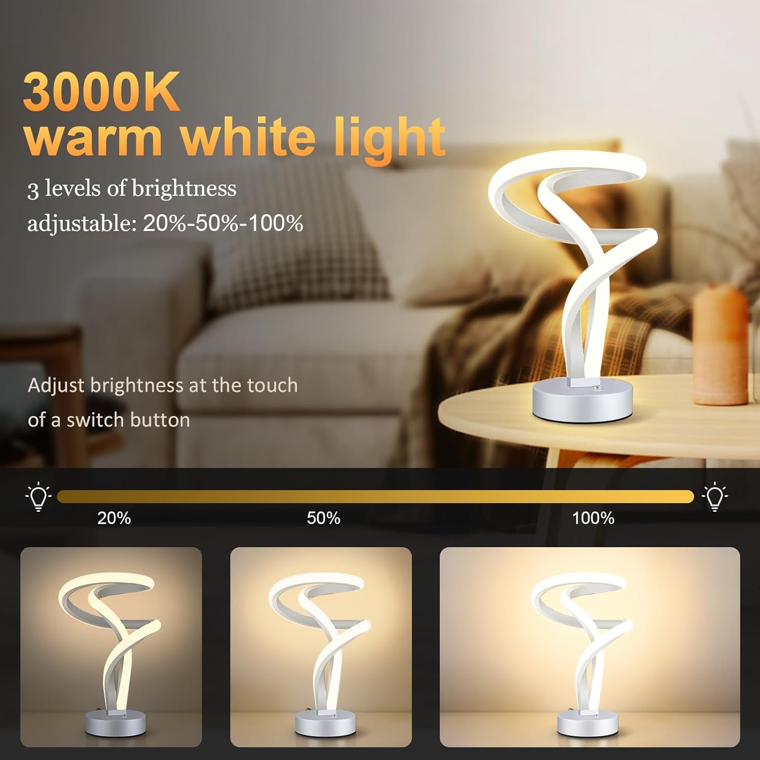 Oyxon Modern Table Lamp, Led Touch Dimmable Spiral Bedside Table Lamp, 10W Rgb Nightstand Lamp With 7 Colors 10 Light Modes, Cool Silver Night Lamp For Bedroom Living Room