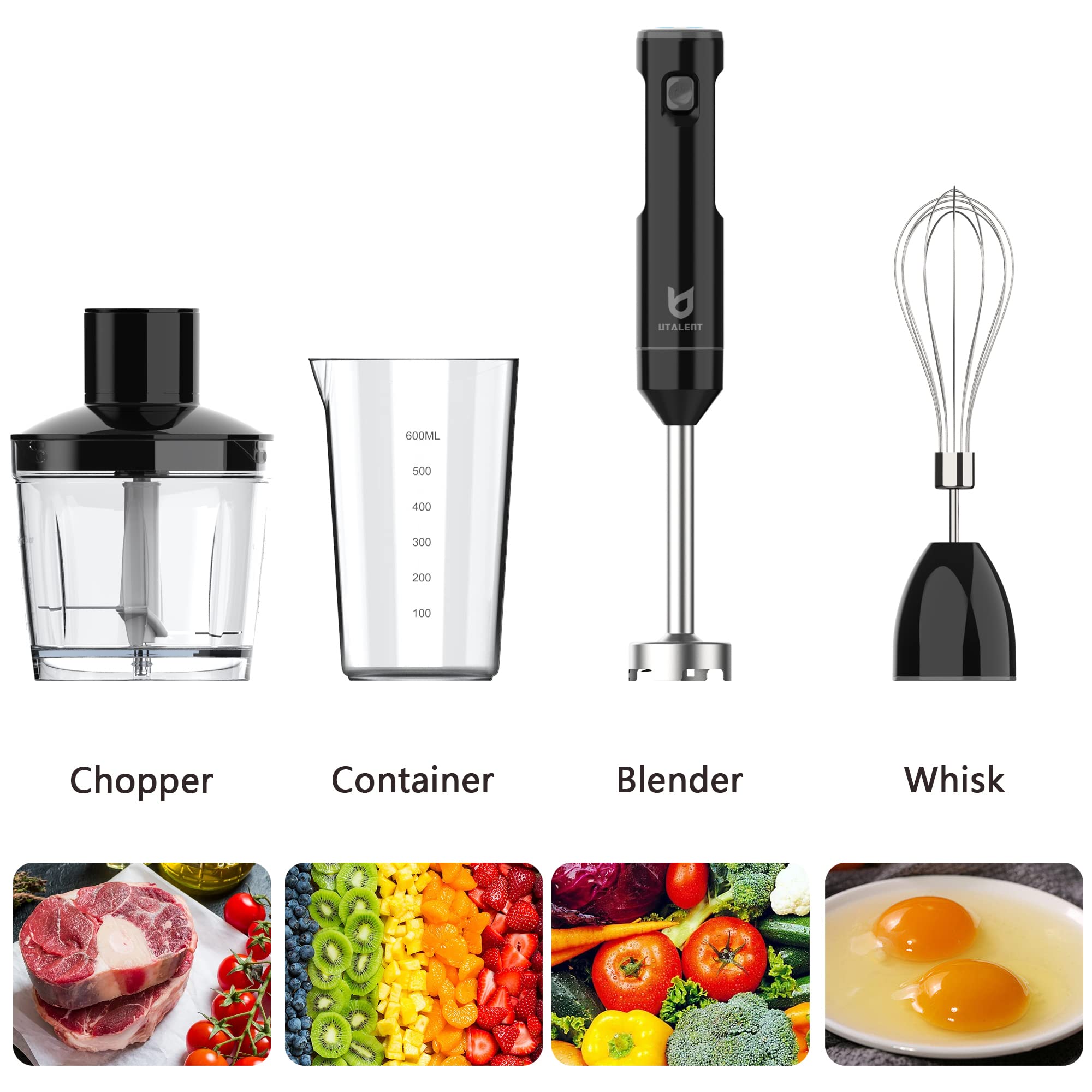 Utalent Cordless Hand Blender, Variable Speed Immersion Blender Rechargeable, With 500Ml Chopper, 600Ml Container, Egg Whisk, For Smoothies, Baby Food And Soups – Black