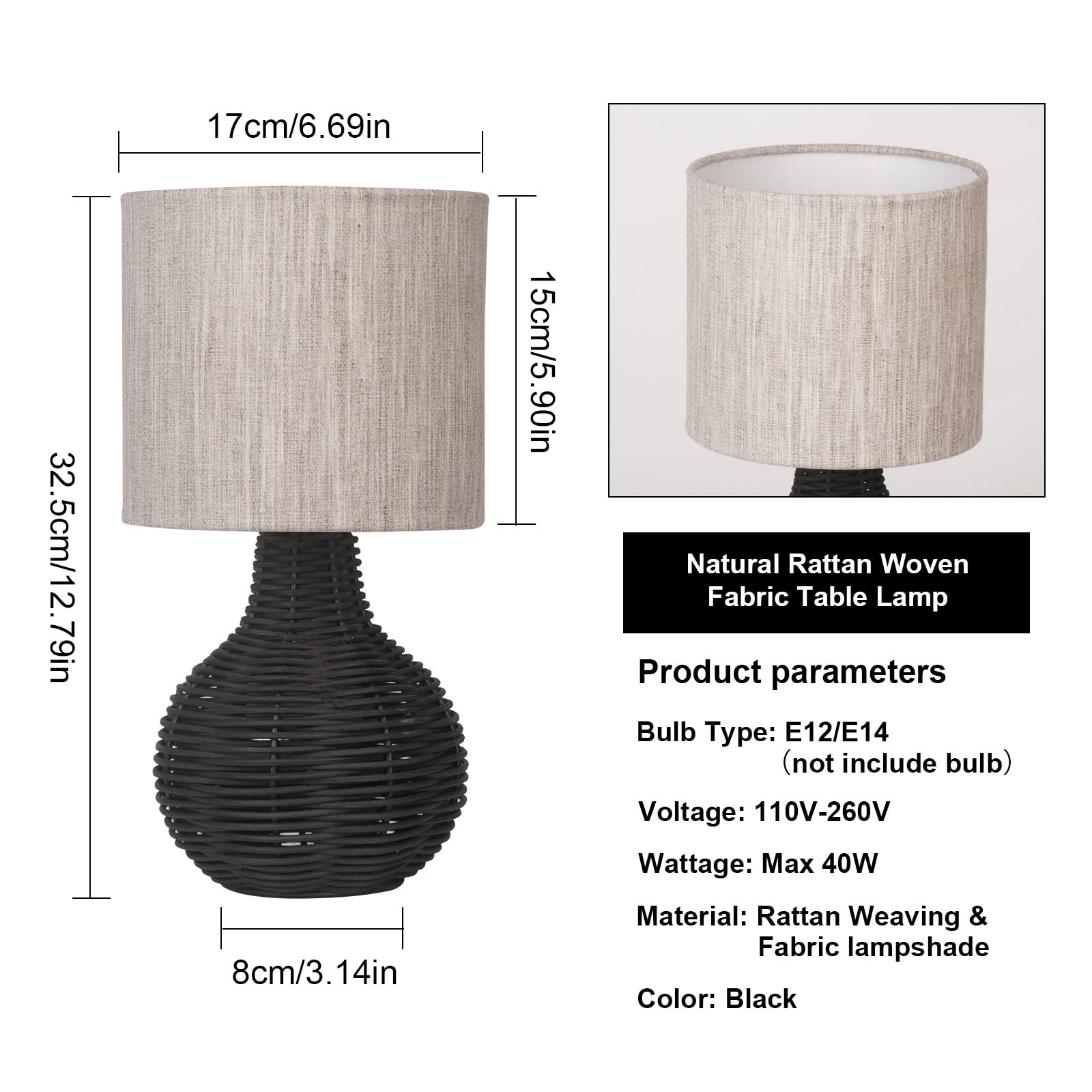 Jcpyiul Rattan Table Lamp With Linen Shade, Vintage Wicker Bedside Desk Lamp For Bedroom & Living Room (Black)