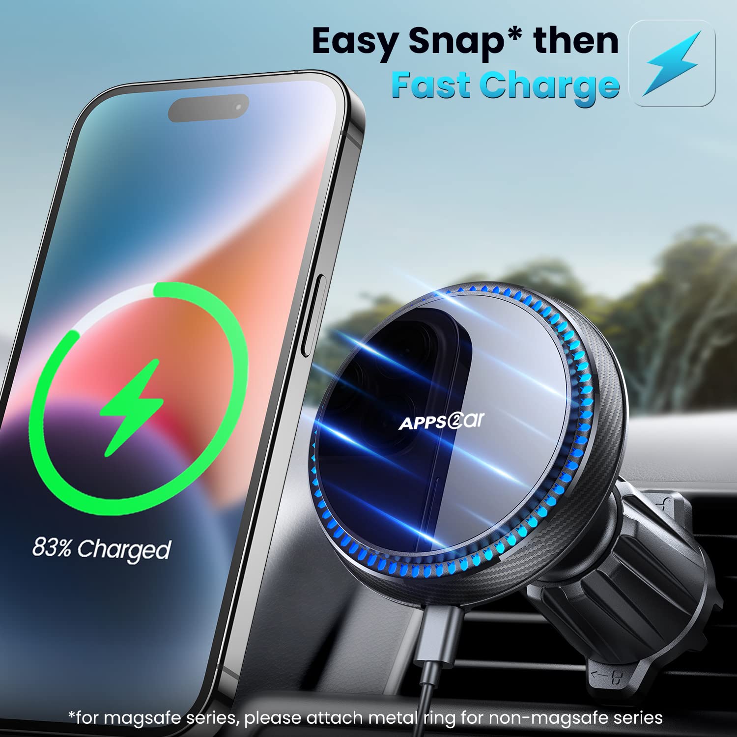 Apps2Car 15W Wireless Car Charger, Compatible With Magsafe, Magnetic Vent Mount For Iphone 16/15/14/13/12 Series, With 3200Rpm Cooling Fan Black