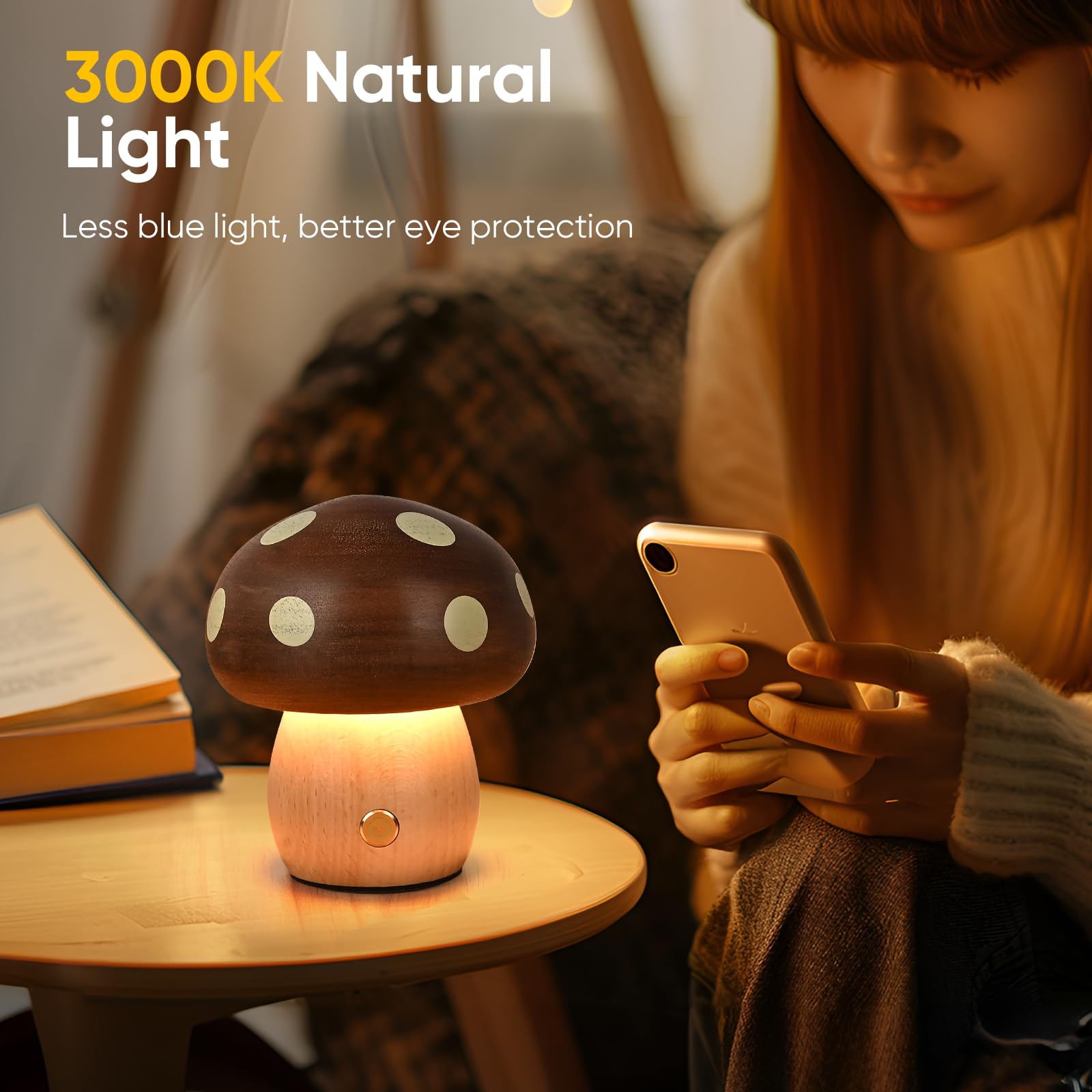 Lonrisway Led Wooden Mushroom Lamp, Rechargeable Battery Operated Portable Cordless Touch Switch Small Lamp, Stepless Dimming Night Light For Birthday
