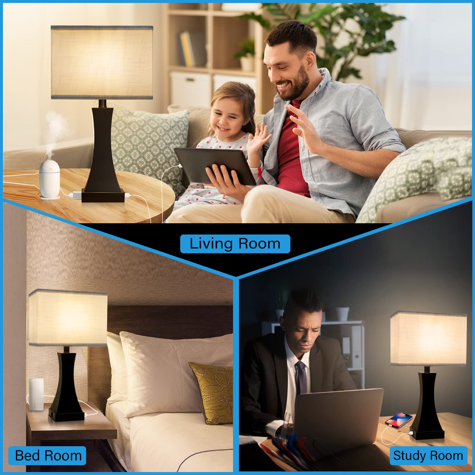 Oyedis Table Lamp For Bedroom 3-Way Dimmable Touch Control Bedside Lamp With Usb A+C Port & Ac Outlet 21.6" Tall Nightstand Lamp For Living Room Office And Hotel Bulb Included