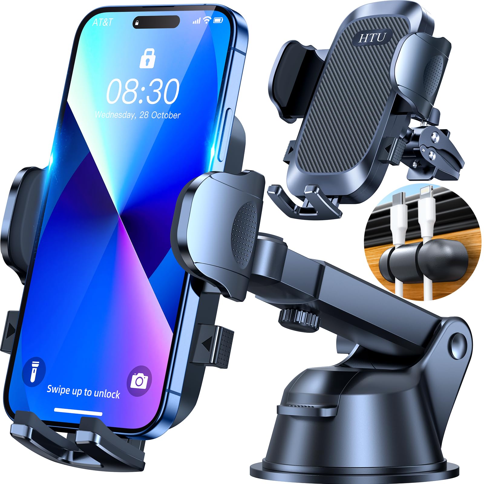Htu [True Military-Grade] Car Phone Holder【 Stronger Suction & Clip】 Universal Cell Phone Holder For Car Mount For Dashboard Windshield Air Vent For Iphone 16 Pro Max 15 Samsung,Black