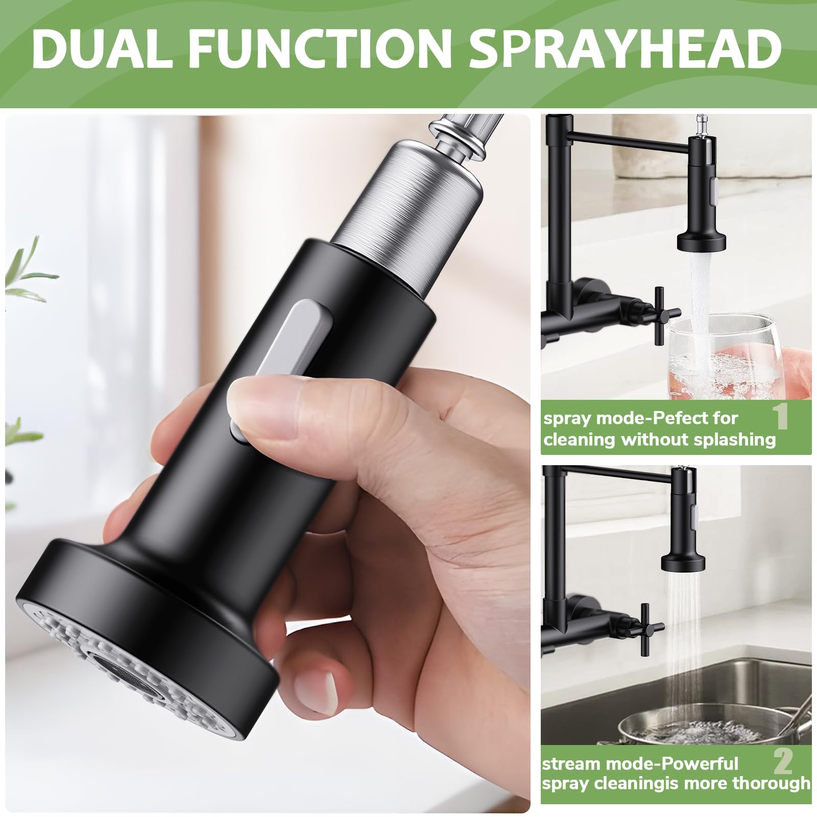 Hurran Wall Mount Kitchen Faucet, Matte Black Kitchen Sink Faucet, 8 Inch 2 Handle Wall Mount Commercial Sink Faucet With Pull Down Sprayer For Kitchen Laundry Room Restaurant