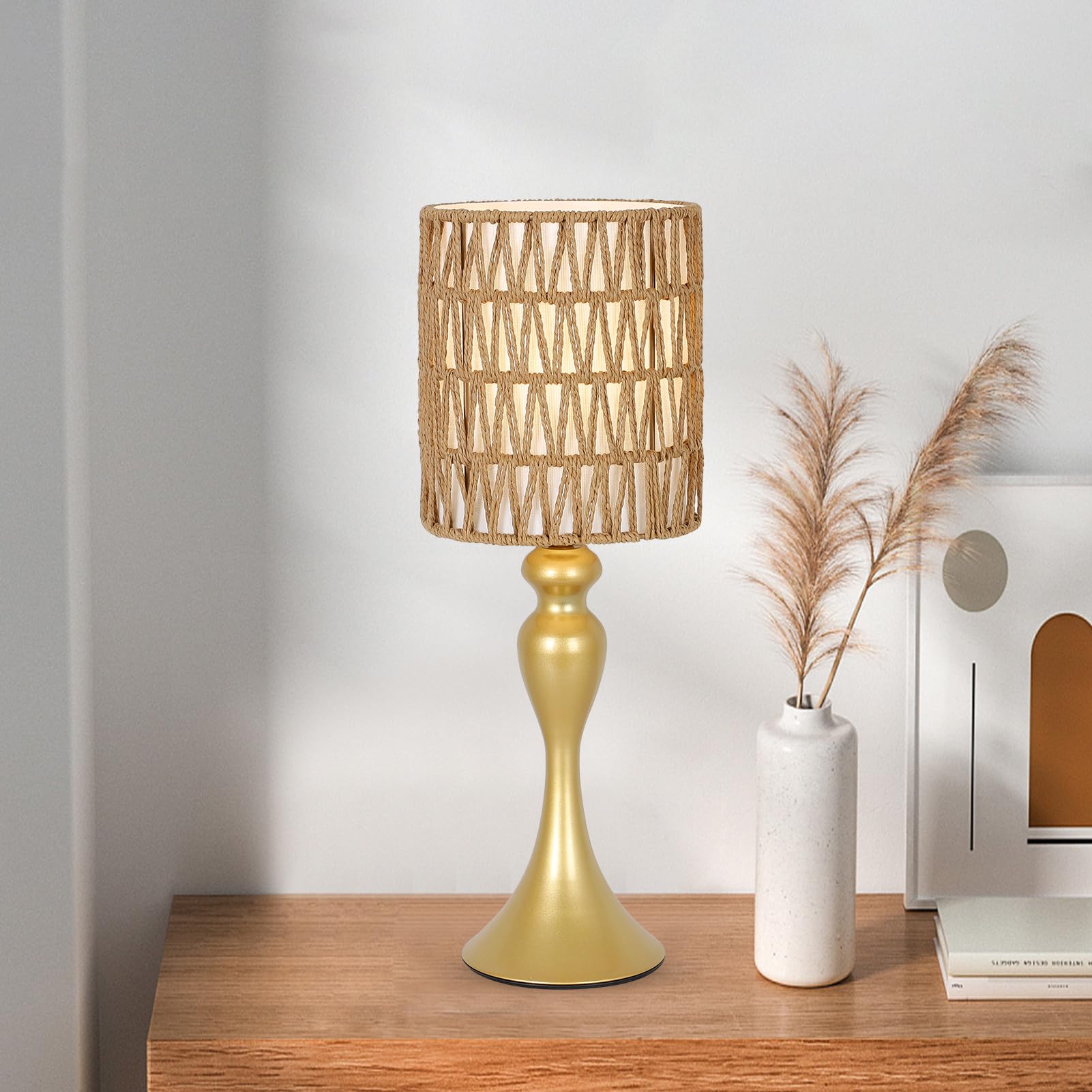 Eayaya Rattan Gold Table Lamp For Bedroom With Bulb, Boho Lamp For Night Stands, 3-Way Dimmable Touch Control Bedside Lamps, Mini Small Desk Lamp With Fabric Shade, Accent Side Table Lamp, Nightstand Lamp