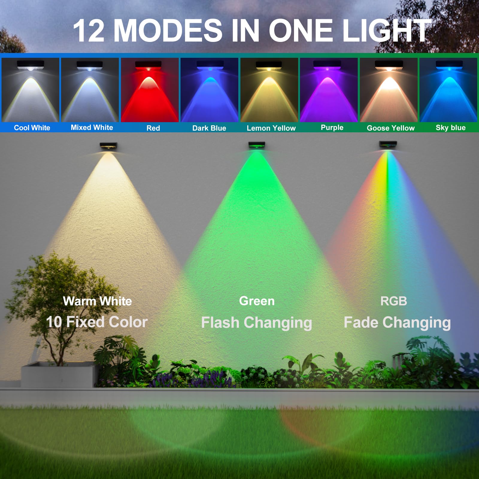 Zcxlight Solar Fence Lights,Fence Lights Solar Powered Waterproof Ip65 Multicolor Led 12 Fixed Colors ＆Rgb Color Changing For Pool, Deck, Patio, Porch, Stairs, Holiday (12)