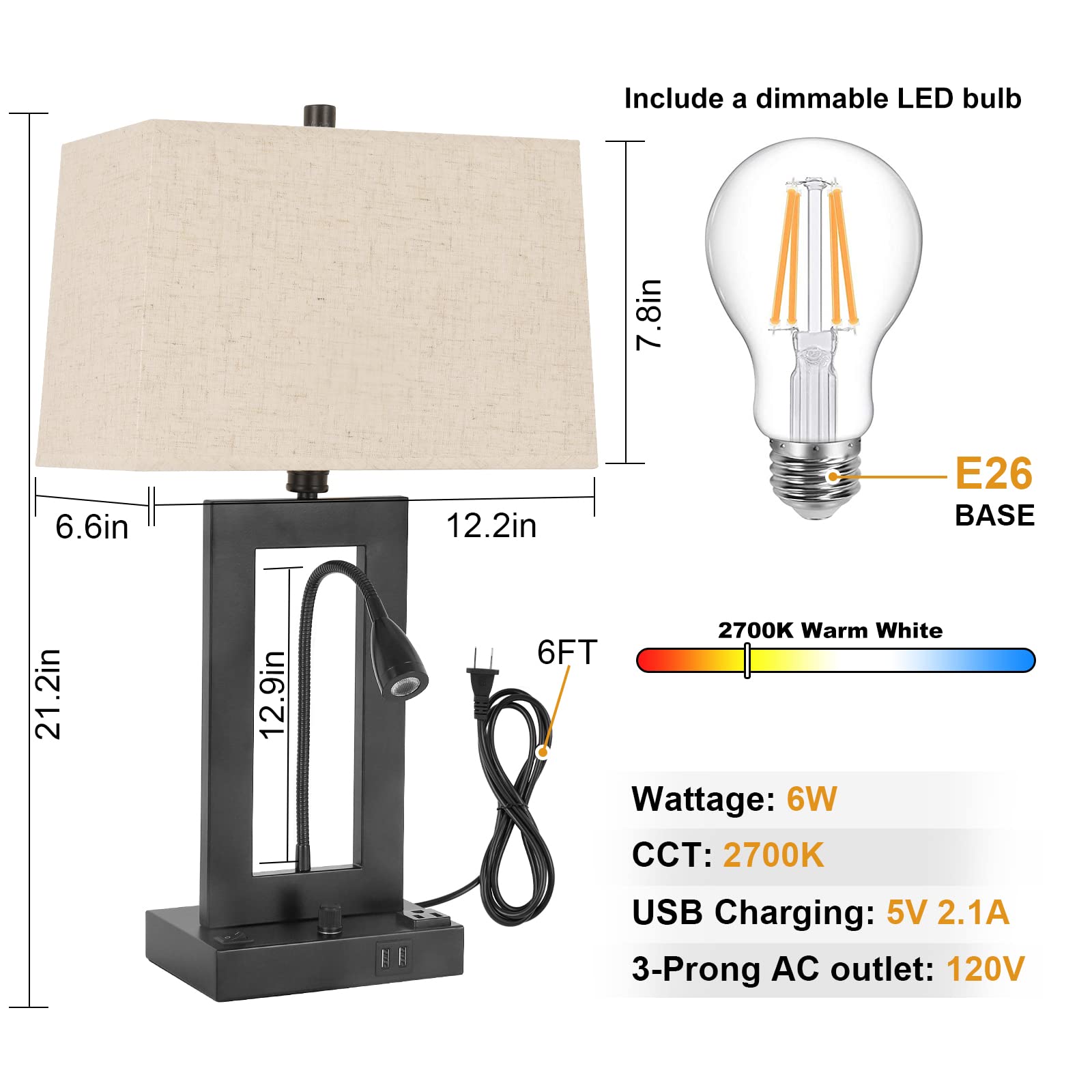 Trlife Table Lamp With Usb Charging Ports And Ac Outlet, Fully Dimmable Modern Nightstand Lamp With Fabric Lampshade For Reading Living Room Office, Attached A Led Gooseneck Spotlight(Bulb Included)
