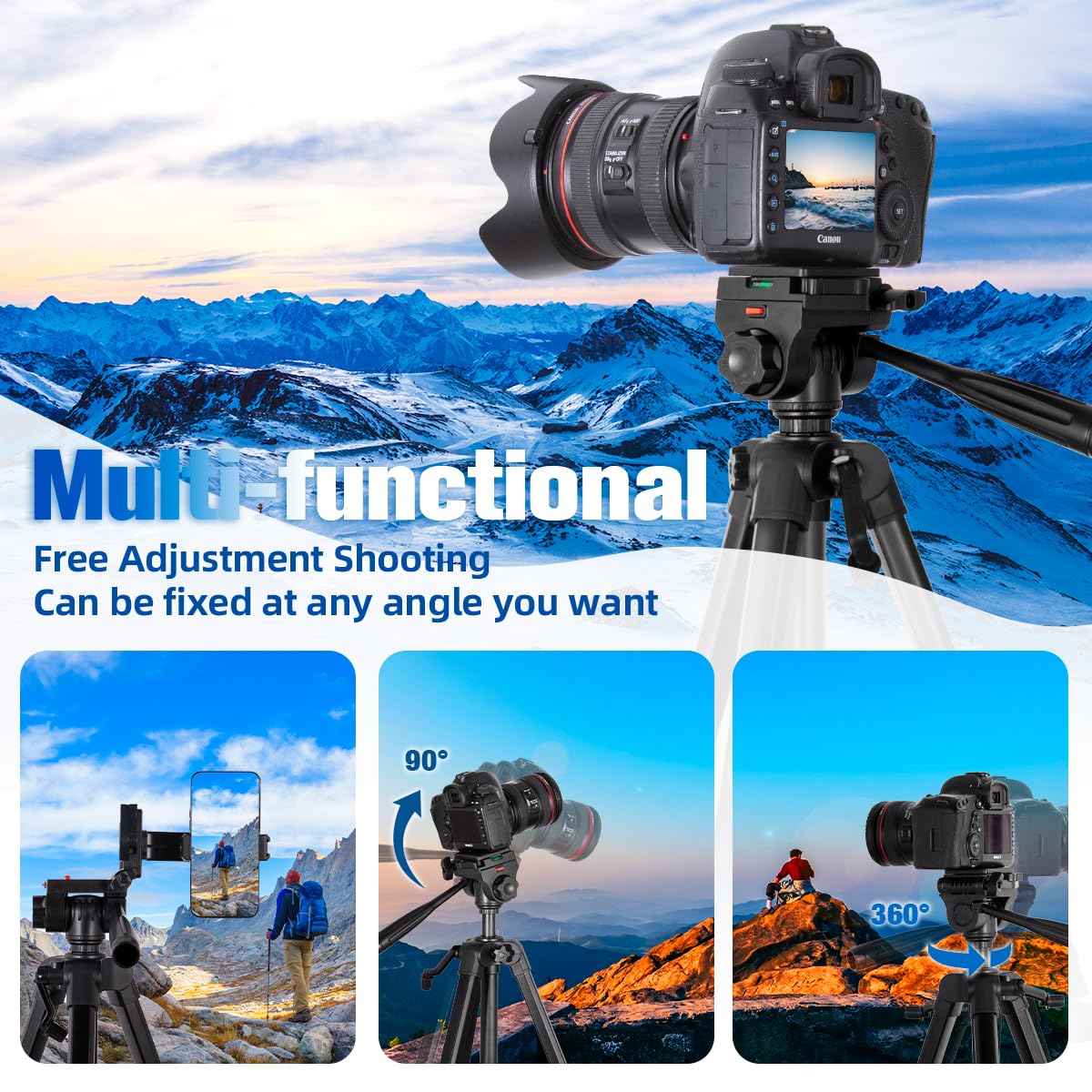 Arsoer Camera Tripod, 74" Dslr Camera Tripod With 2 Qr Plates For Sony/Nikon/Canon, Lightweight Video Tripod Stand For Travelling, Phone Tripod With Fluid Head/Phone Holder/Wireless Remote Max.Load 6Kg