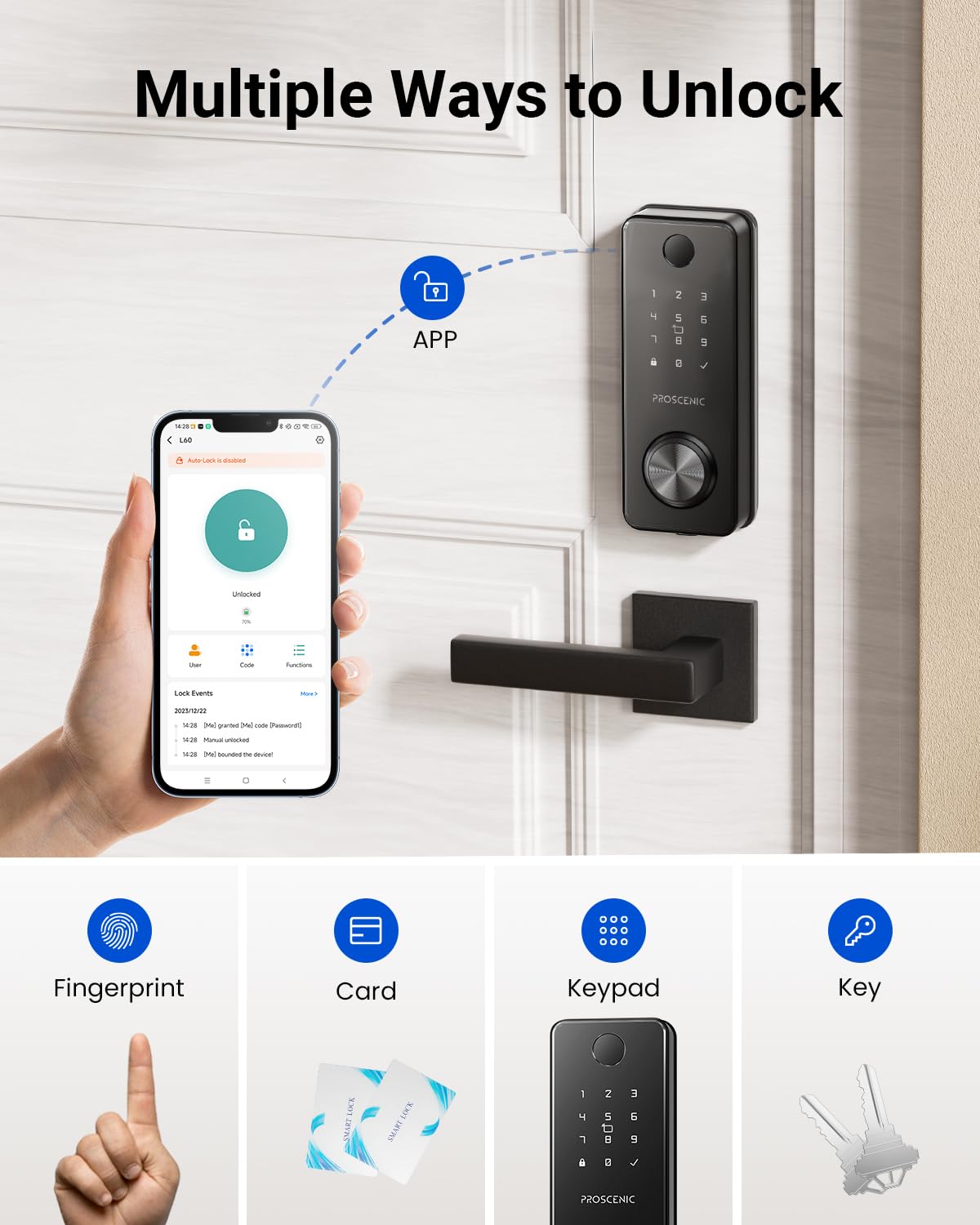Proscenic L60 Smart Lock [Zinc Alloy Ipx5 Weatherproof] Fingerprint Keyless Entry Door Locks For Front Door, Electronic Digital Deadbolt With App Control, Keypad Code, 2 Keys & Fobs, 1-Year Battery