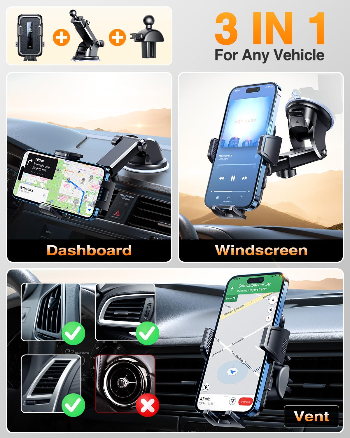 Vanmass   Car Phone Holder, [85+Lbs Strongest Suction] Patent Safety Cell Phone Mount Windshield Dashboard Vent Truck Accessories Stand Cradle For Iphone 16 Pro Max 15 14 13 Android