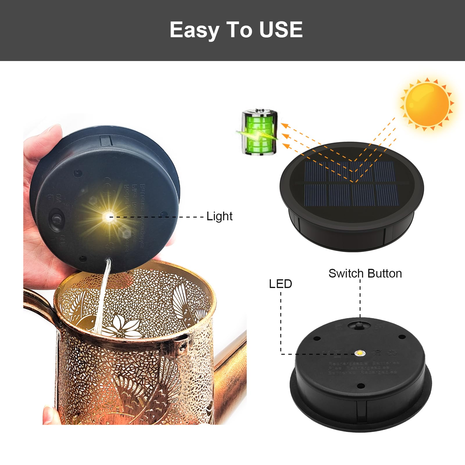 Vookry Watering Can Solar Lights - Replacement Top With 3.5Ft 80 Led Flashing String Lights, Outdoor Waterproof Solar Lantern Battery Box Accessory