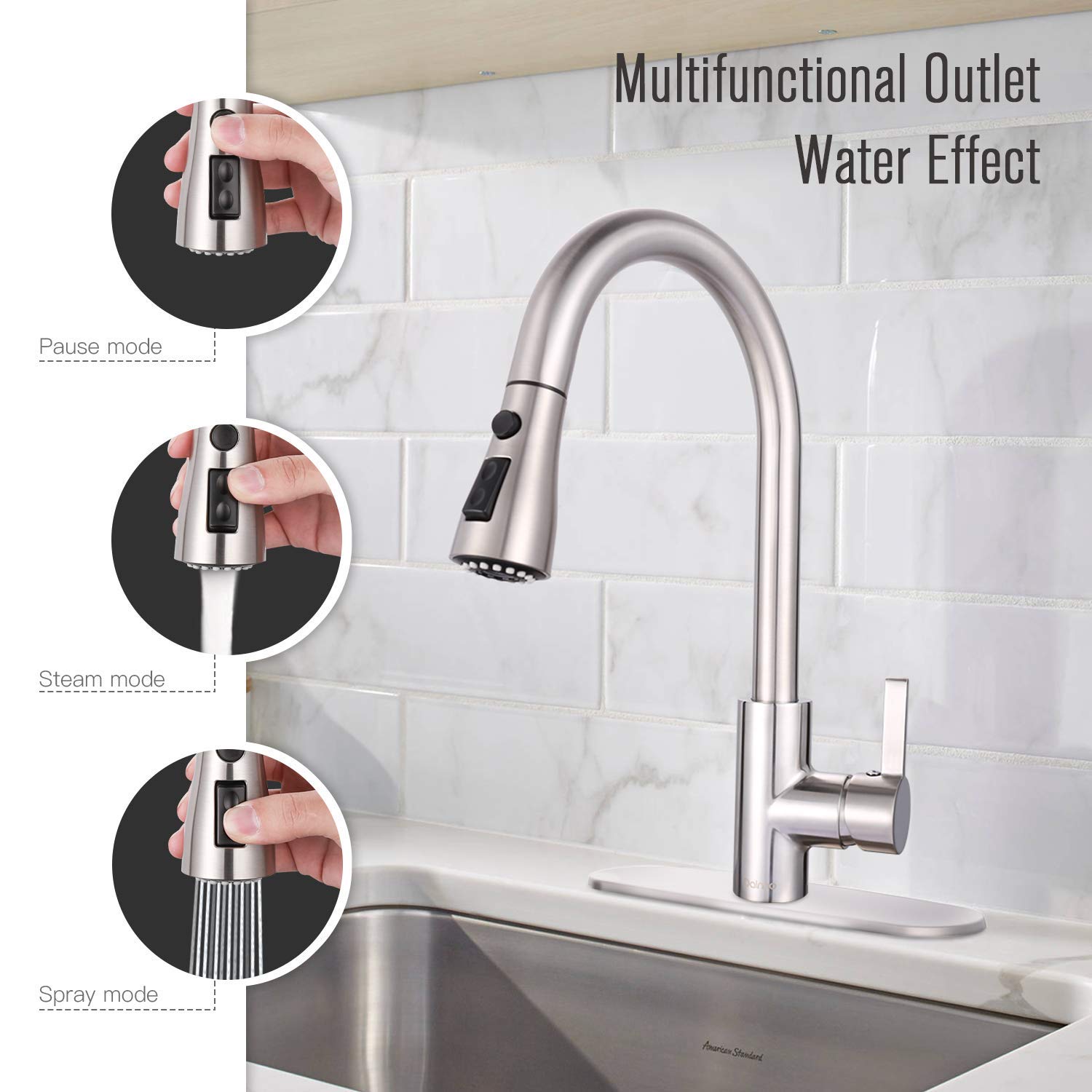 Teccpo Sink Faucet, Dalmo Single Handle High Arc Brushed Nickel Pull Down Kitchen Faucet With 3 Spray Modes, Stainless Steel Kitchen Sink Faucet With Deck Plate