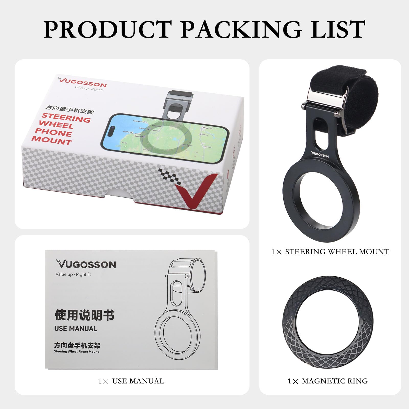 Vugosson Magnetic Phone Holder For Tesla, Steering Wheel Phone Mount For Magsafe Car Holder, Work On Iphone,Samsung And All Phones, Magnetic Ring Included (Black)