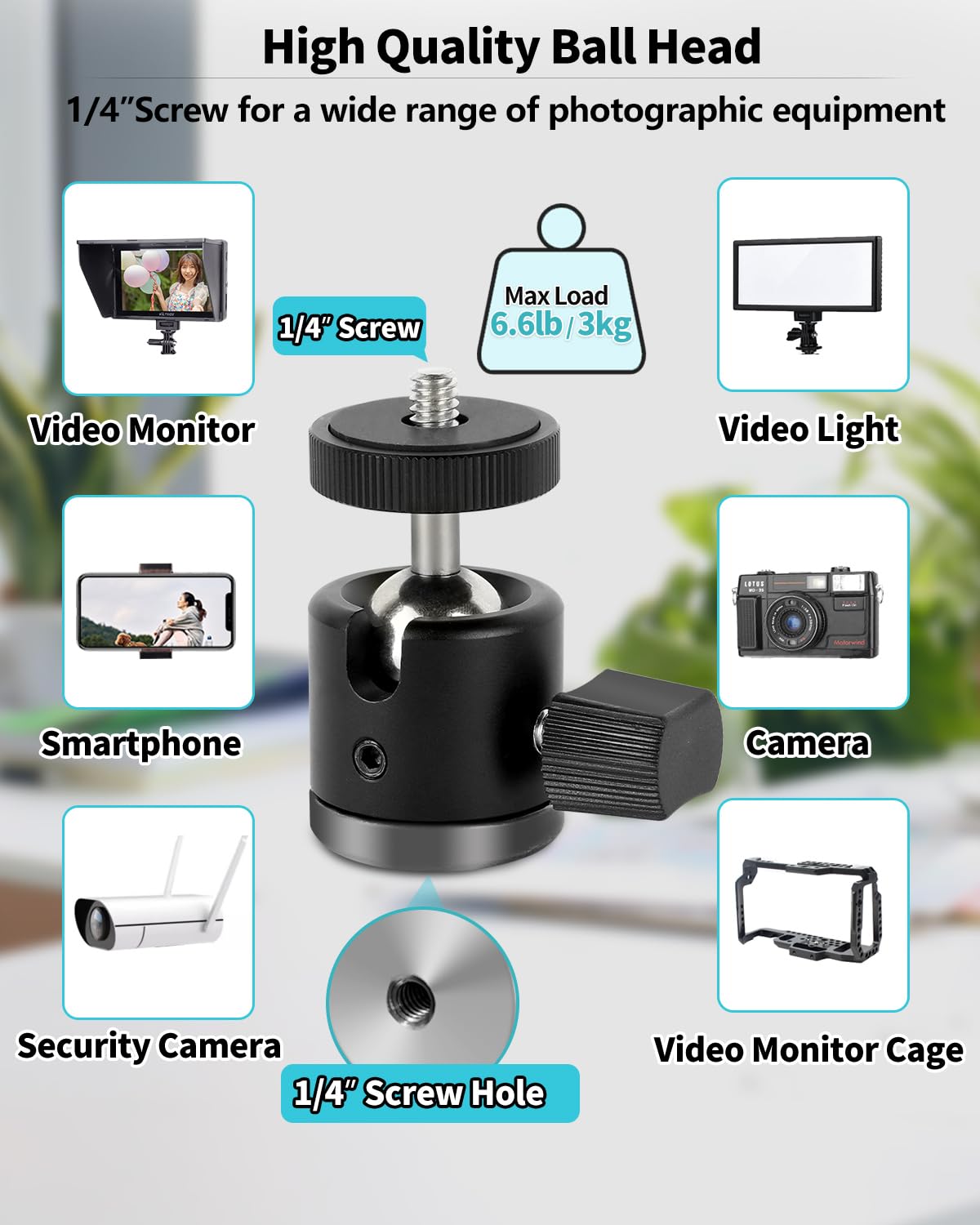 Jebutu Universal C-Clamp With 1/4 Screw Rubber 360°Rotatable Ball Head Camera Mount Adapter For Tripod Monopod Desk Mount Holder Lcd Monitor Flash Cart Bench Worktable Light Stand Rod Hook Shelves Cross Bar