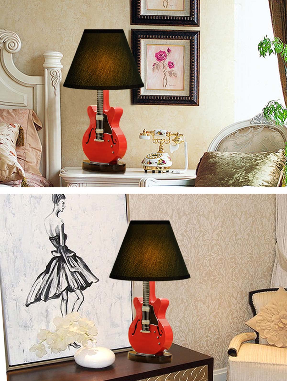 Inletter Modern Creative Cartoon Desk Lamp Red Guitar Lamp Bedroom Bedside Table Lamp Night Light Dimming Warm And Lovely Children ,Red