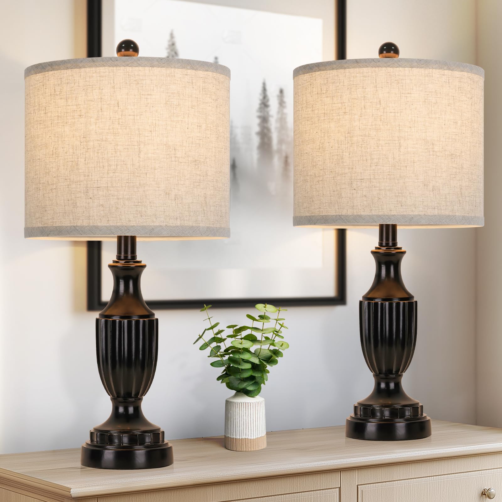 Tobusa Farmhouse Living Room Table Lamps Set Of 2, Matte Black Rustic Vintage Table Lamps For Bedroom Nightstand, Antique Bedside Desk Lamps With Linen Shade, 22’’ Small Resin Lamp Sets For End Table