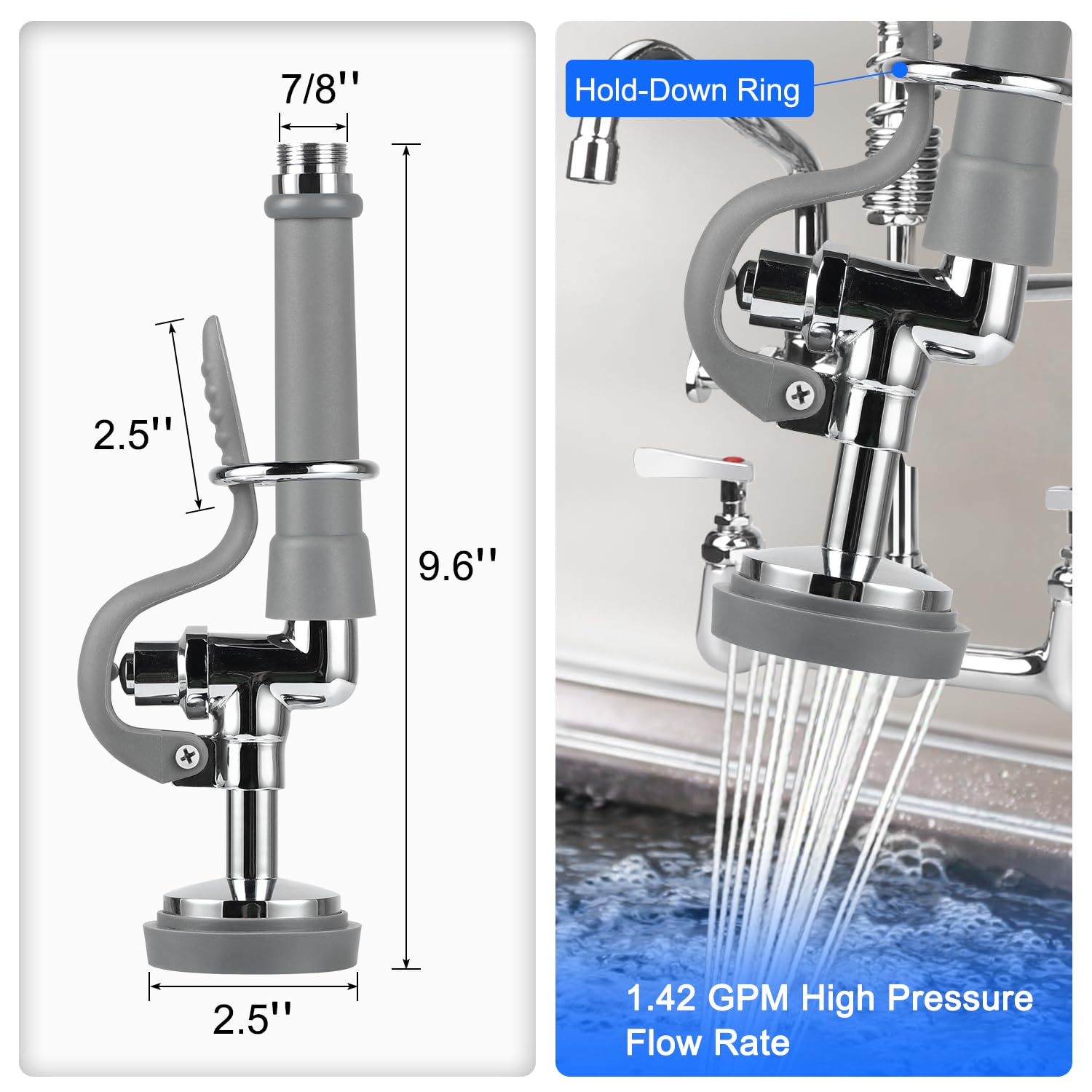 Abboraunt Pre-Rinse Hose With Spray Valve 38 Inch Flexible Stainless Dish Sprayer Hose With Sprayer Nozzle Head Replacement Kit For Commercial Kitchen Sink Faucet (Gray)