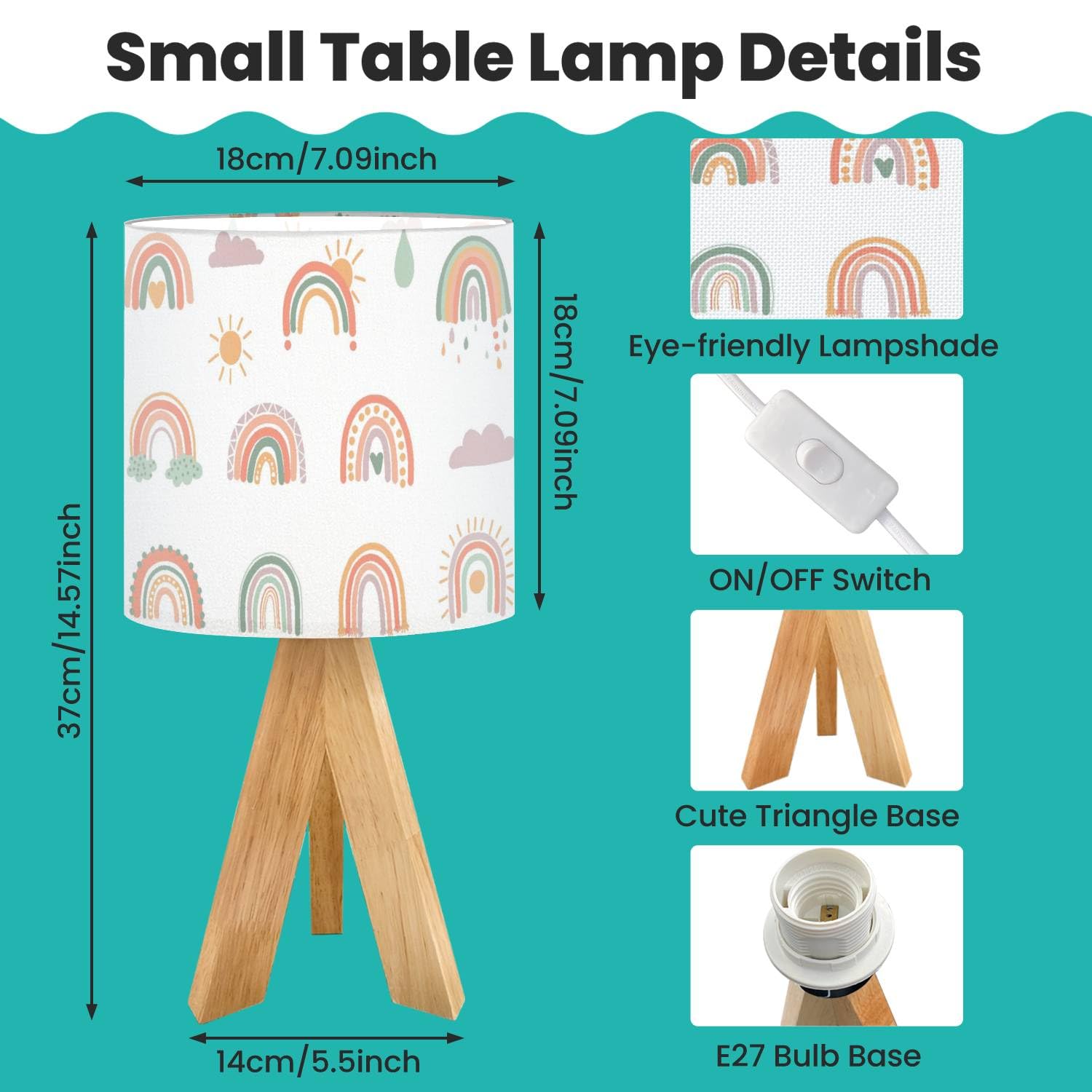 Oepwqiwepz Tripod Bedside Desk Table Lamp Hand Drawn Boho Rainbows Cute Set Pastel Earthy Colors Isolated Wood Nightstand Lamp With Linen Fabric Shade For Nursery Bedroom Living Room Kids Room