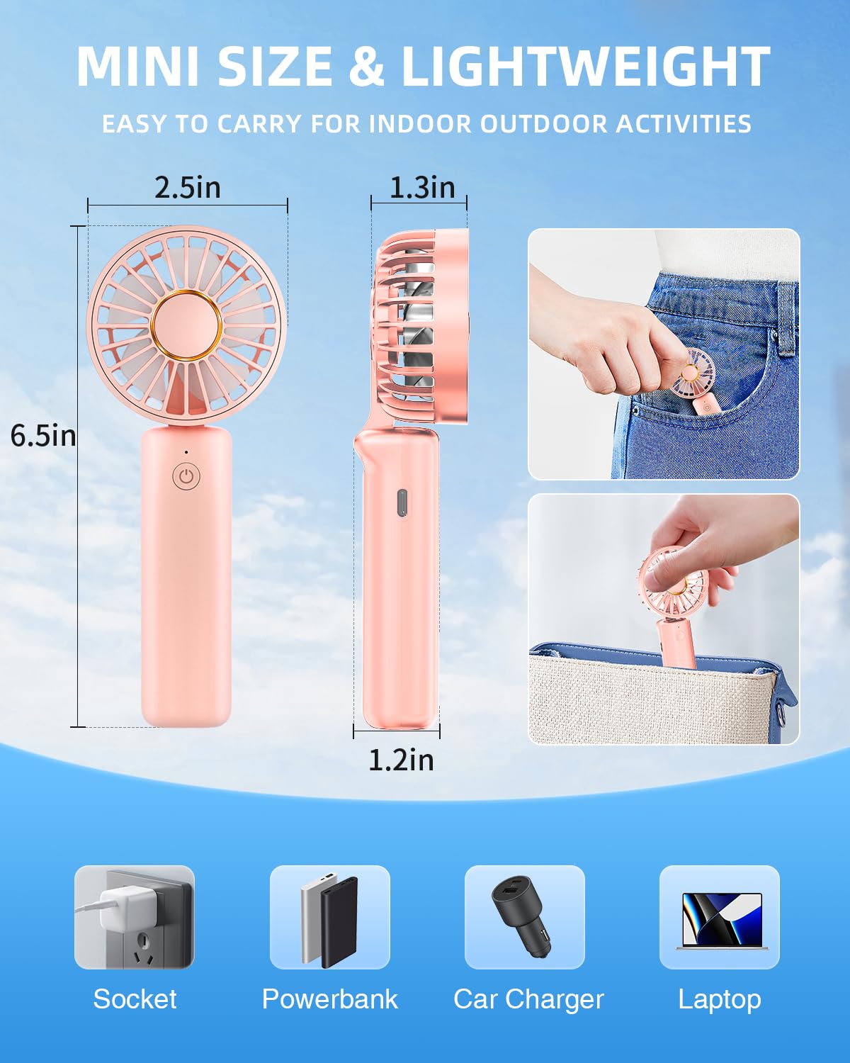 Portable Handheld Fan, Mini Desk Fan Foldable 2000Mah, 180° Ratotion, 3 Speeds, Ultra Quite