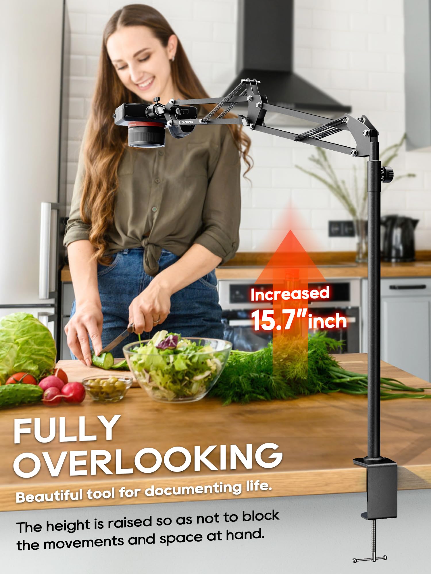 Cacencan Overhead Camera Mount, 5Lb Horizontal Load-Bearing, 360° Adjustable Stand For Desk, Flexible With Phone Clamp, Tabletop Mount For Dslr Camera/Webcam/Microphone