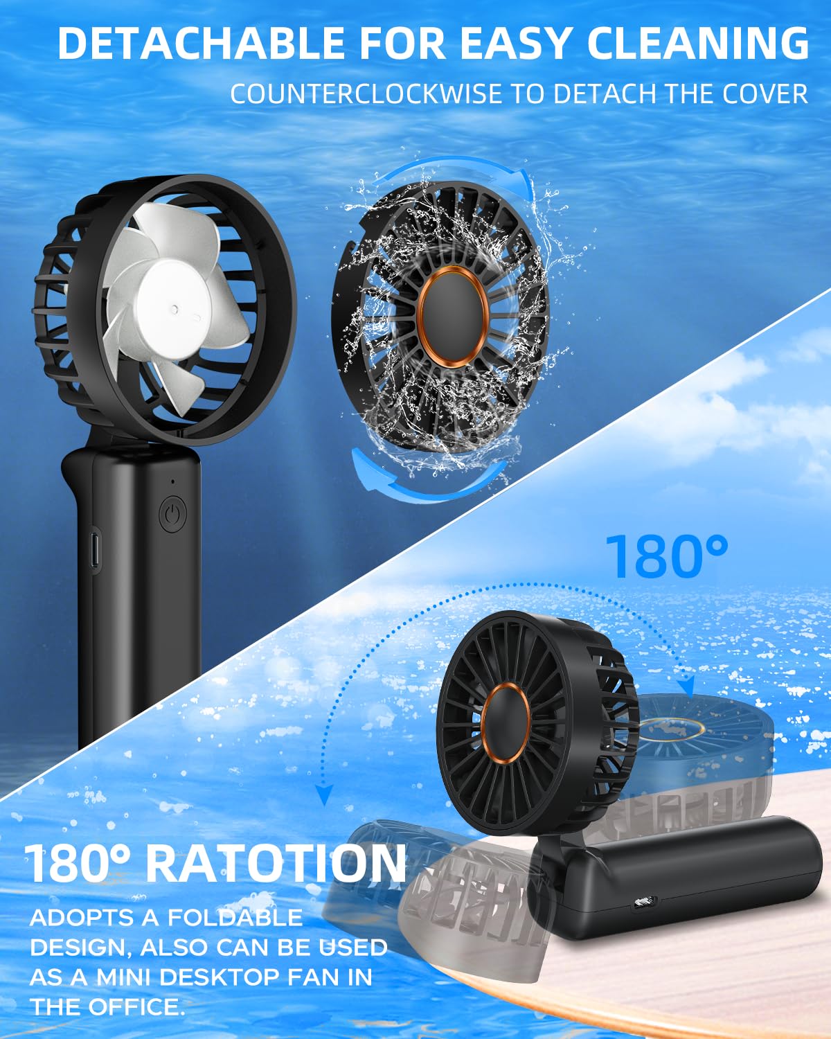 Portable Handheld Fan, Mini Desk Fan Foldable 2000Mah, 180° Ratotion, 3 Speeds, Ultra Quite