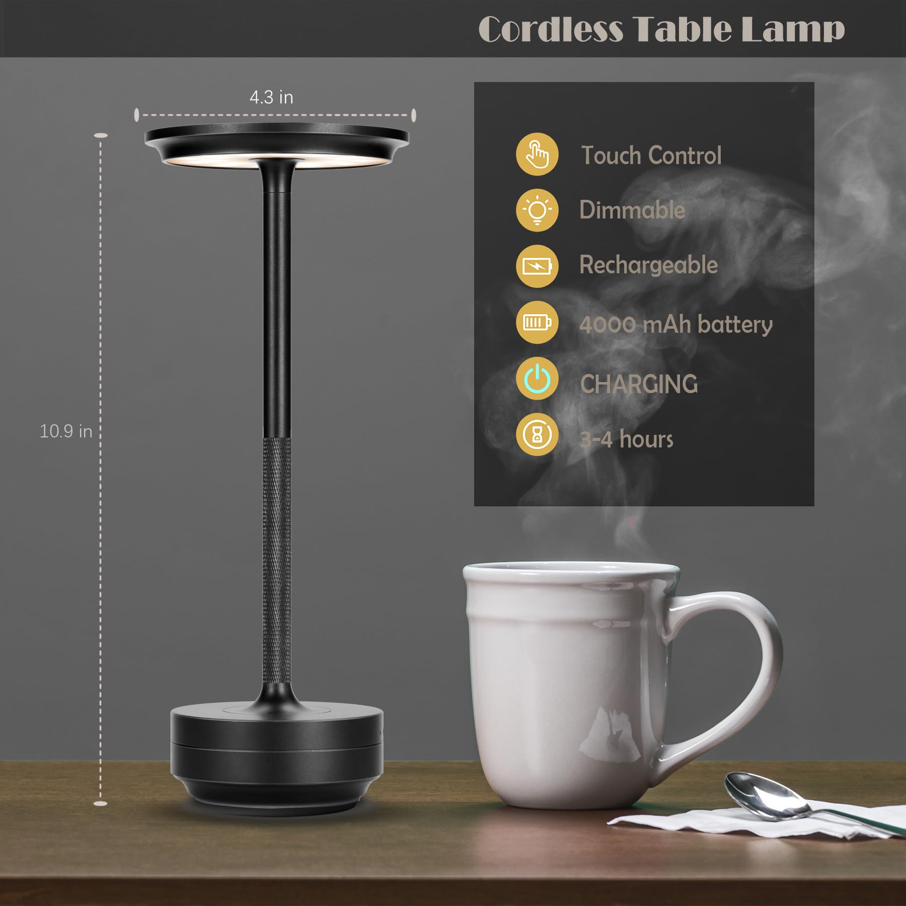 Fdidc 2 Pack Led Cordless Table Lamps, Portable Rechargeable Led Battery Powered Touch Table Light, 3 Color Stepless Dimming Modern Metal Table Lamp, For Restaurant/Home/Outdoor/Patio.(Black)