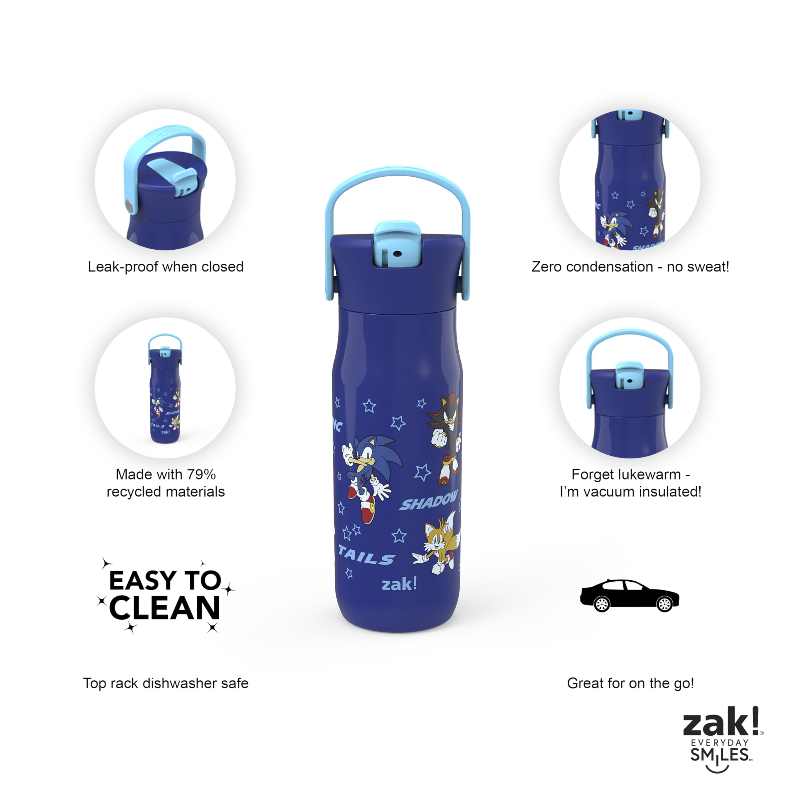 Zak Designs Harmony Sonic The Hedgehog Water Bottle For Travel Or Home, 20Oz Recycled Stainless