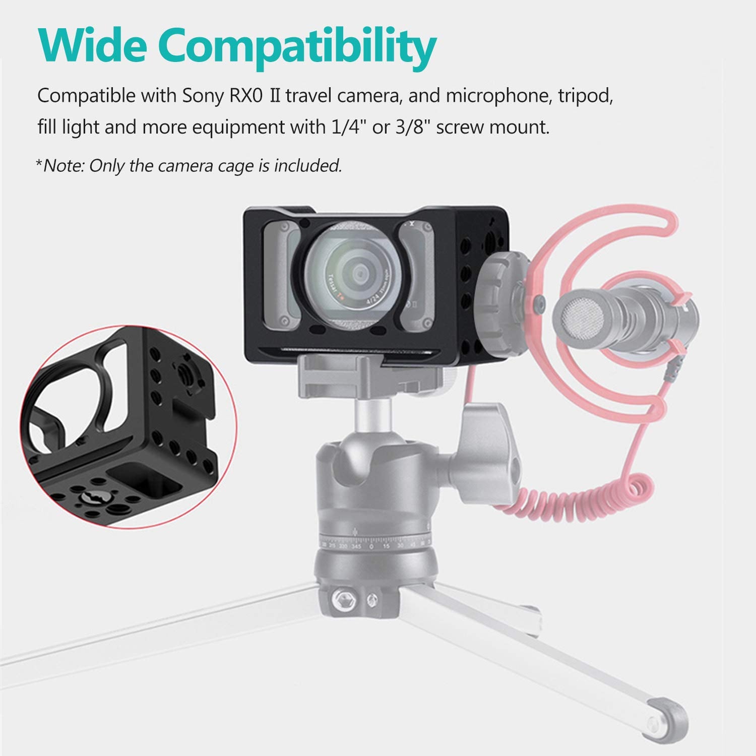Andoer Camera Vlog Cage Aluminum Alloy Protective Camera Cage With 1/4 3/8 Inch Screw Holes Compatible With Sony Rx0 Ii Digital Camera Microphone Tripod Fill Light