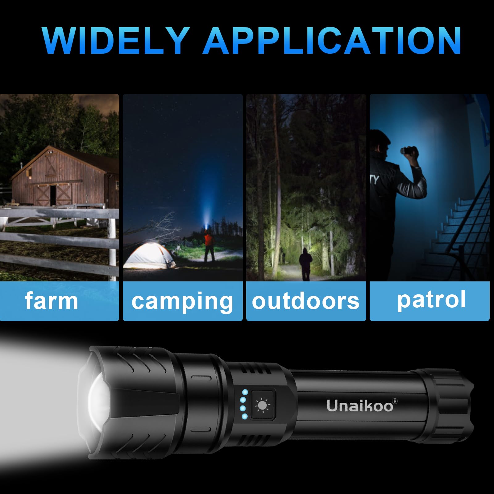 Unaikoo Rechargeable Flashlight High Lumens - 10000Lm Powerful Utility Flashlights With 4 Modes Zoomable Led Flashlight Waterproof Brightest Flash Light For Emergencies Camping Hiking Outdoor C1