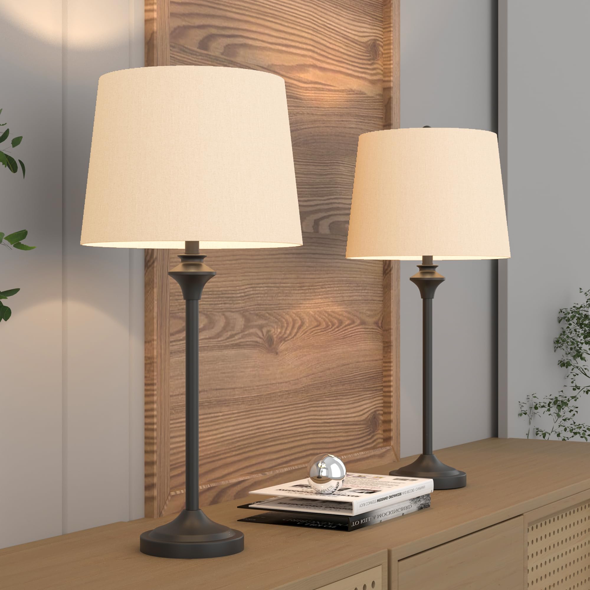 Hightry Table Lamps Set Of 2 For Living Room, Black Buffet Lamps Metal Nightstand Lamps With Oatmeal Fabric Shade, 26” Tall Bedside Desk Lamps For Bedroom, Living Room, Home Office
