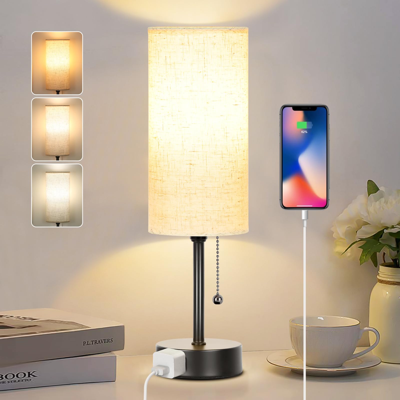 Dott Arts 15" Table Lamp For Bedroom, 3-Color Bedside Lamps With Pull Chain, Bedroom Table Lamps For Nightstand,Ac Outlet Small Lamp For Living Room, Bulb Included