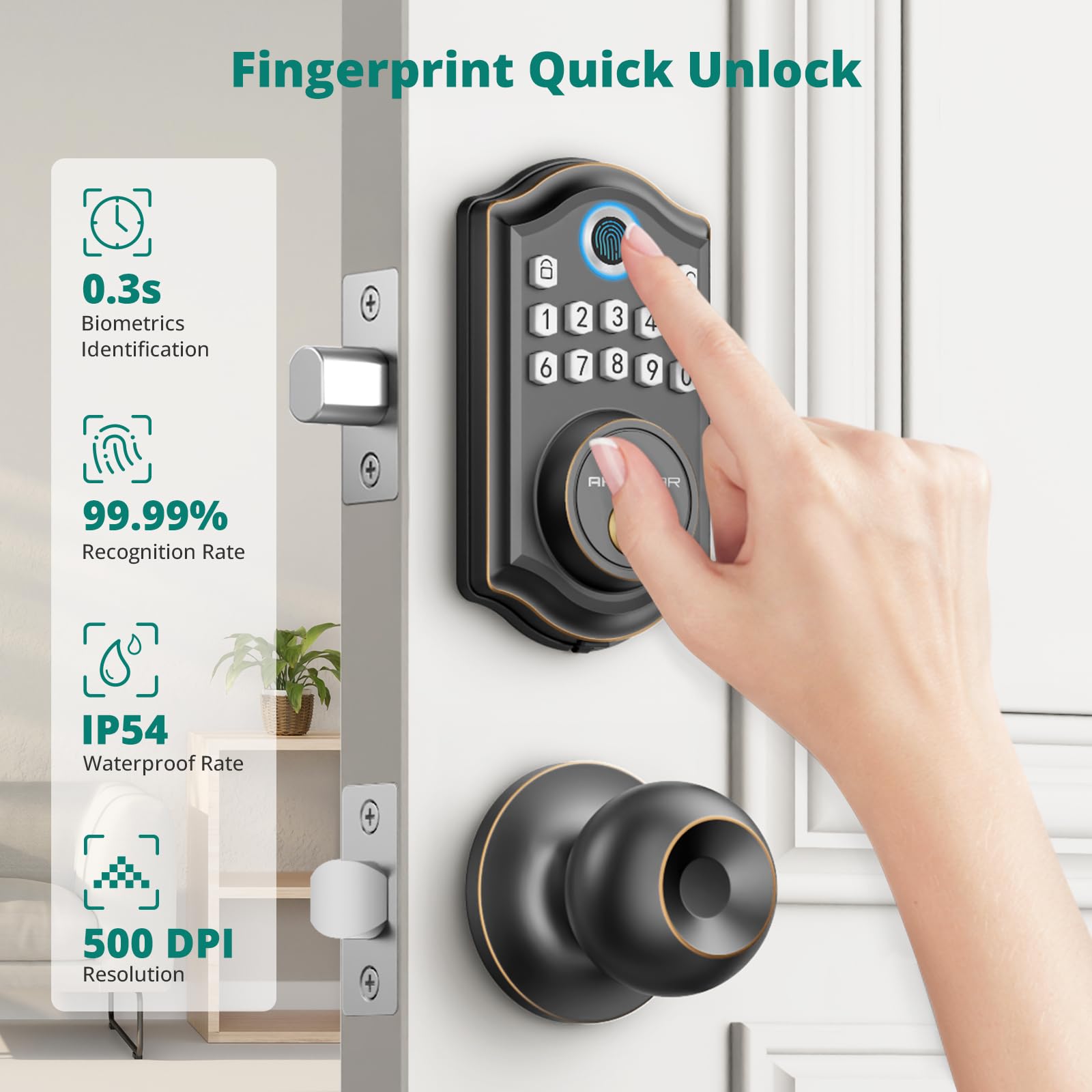 Akagear Keyless Entry Door Lock With Door Knob Handle, Fingerprint Door Locks, Electronic Smart Deadbolt, Keypad Door Lock With Code, Smart Locks For Front Doors, Auto-Lock & One Touch Locking