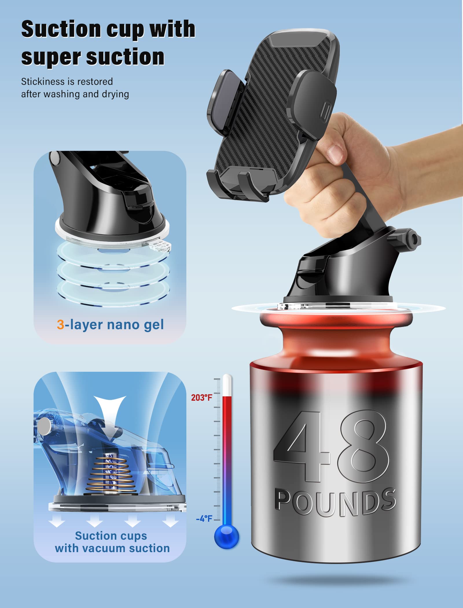 Tsryrlr Phone Holder Mount For Car [Strong Suction] Hands- Universal Cell Phone Mounts For Dashboard/Windshield, 360° Rotation Extendable Mobile Car Holder For Smartphones