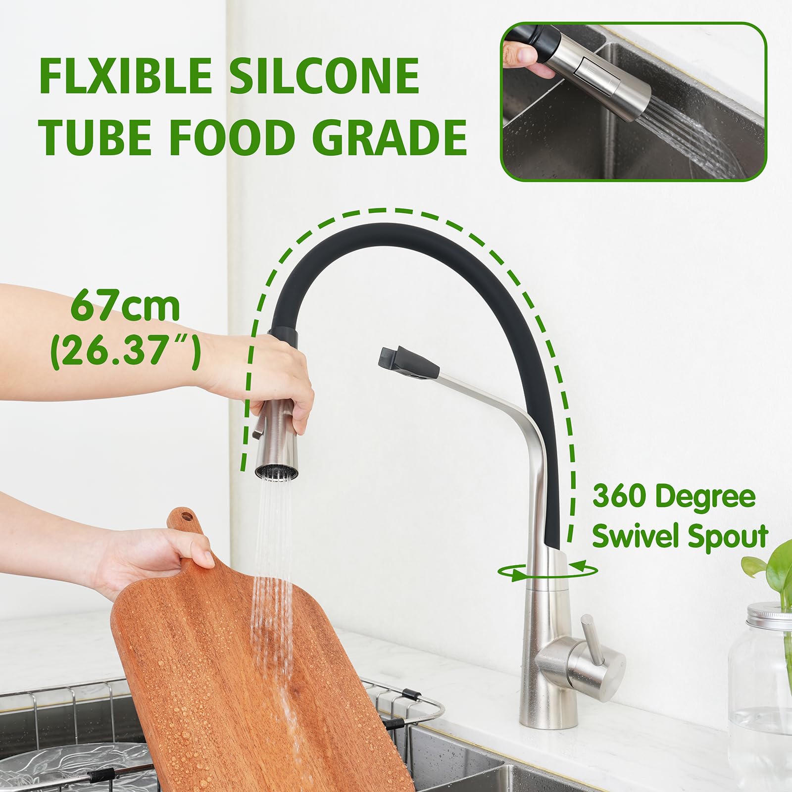 Trywell Kitchen Faucets With Side Sprayer Single Handle Pull Out Hose Magnetic Docking Faucet Stainless Steel Kitchen Sink Commercial Faucet（Cw-118E,Brushed）