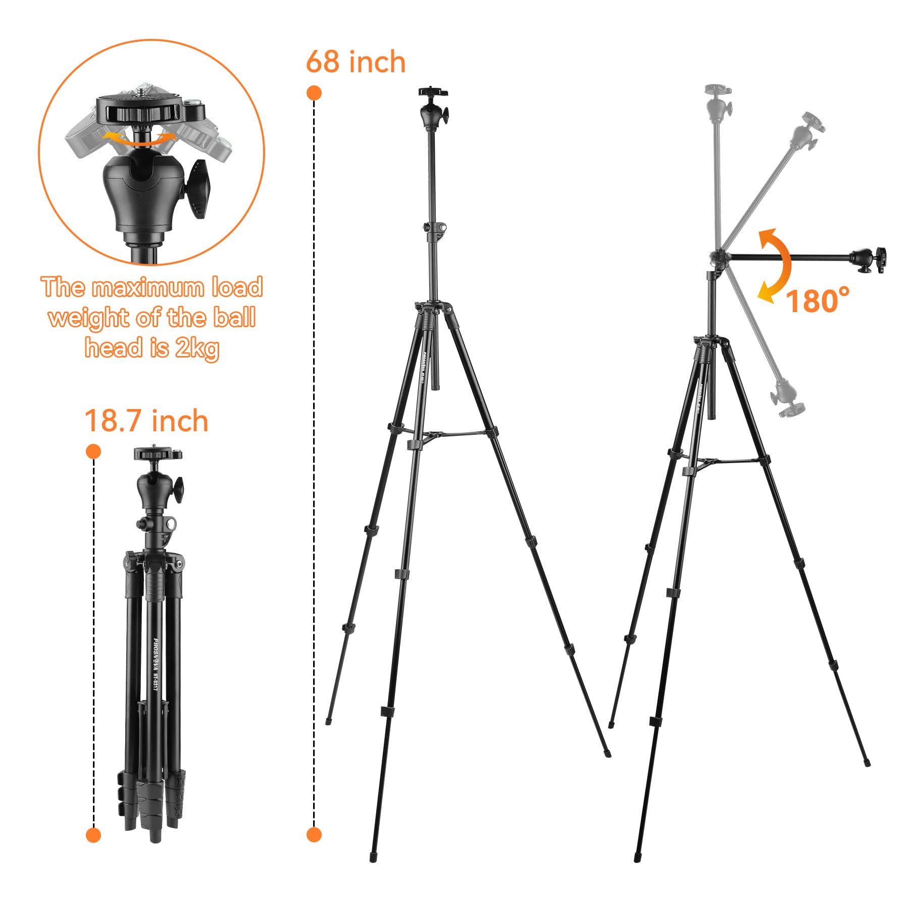 Phosnova 68" Cell Phone Tripod,Overhead Camera Tripod Stand With Remote,360° Rotation Horizontal Extendable Arm Iphone Stand For Recording/Webcam