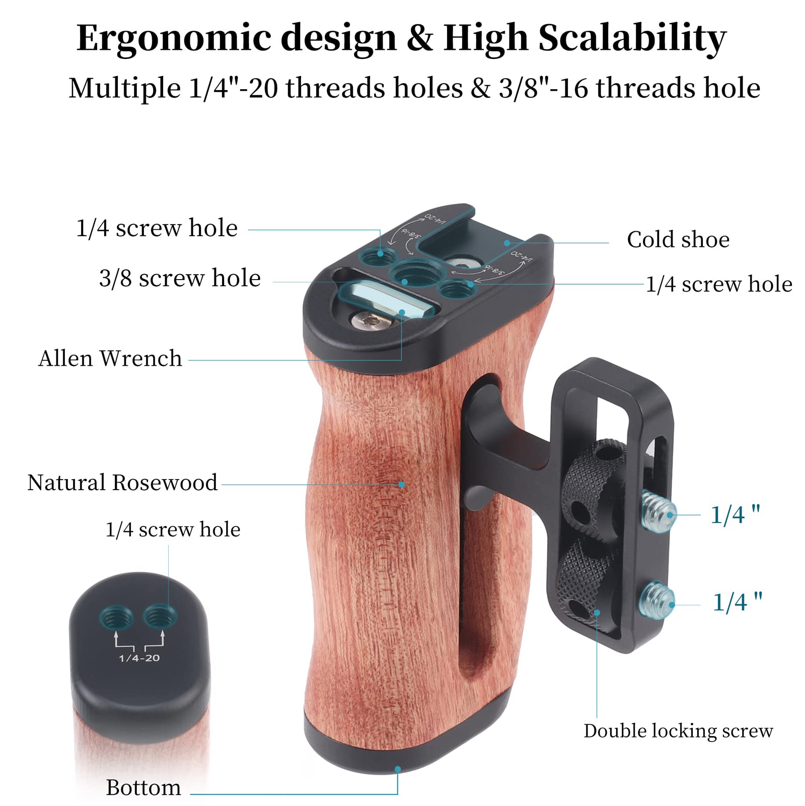 Focusfoto Wooden Side Handle Grip Left/Right Handgrip With 1/4"-20 & 3/8"-16 & Cold Shoe Mount Universal For Dslr Mirrorless Camera Cage Rig Video Led Light (Standard Version)