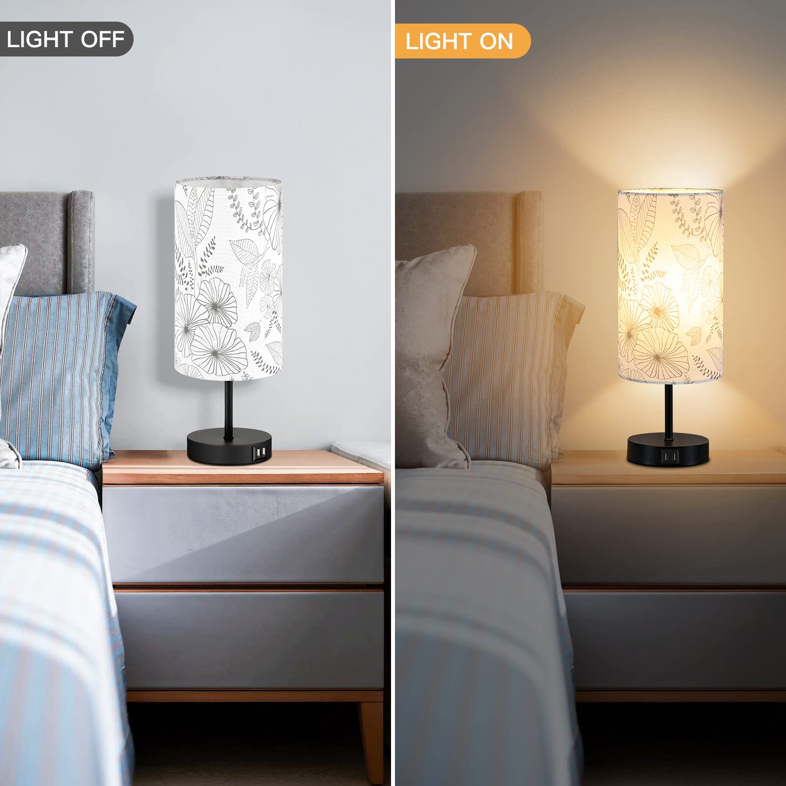 Cinsary Touch Control Bedside Lamp With 2 Usb Ports, 3-Way Dimmable Table Lamp For Bedroom, Nightstand Lamp With Round Flower Fabric Shade For Living Room Home Office (E26 Led Bulb Included)