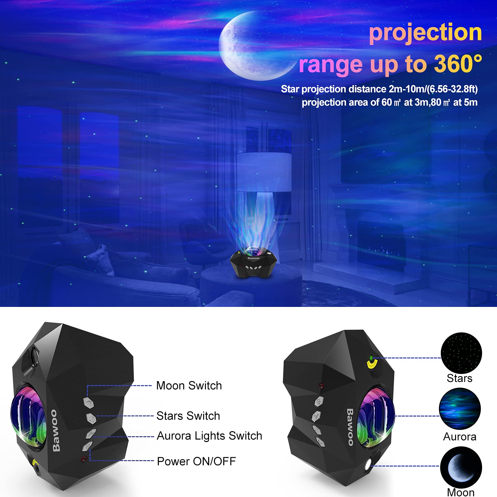 Bawoo Aurora Star Light Projector With Moon, Galaxy Lights Projector With Remote Control, Night Sky Light Projector Built-In Bluetooth And Multi-Color Projection Lamp