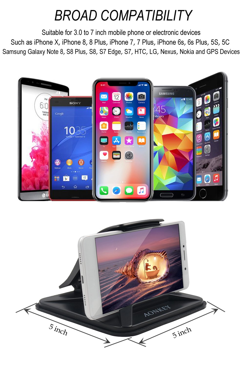 Aonkey Cell Phone Holder For Car, Dashboard Anti-Slip Vehicle Gps Car Mount Universal For All Smartphones, Compatible Iphone Xr Xs Max X 8 7 6S Plus, Galaxy S10/S9 Plus S8 Note 9/8, Lg V30, Pixel 3 Xl